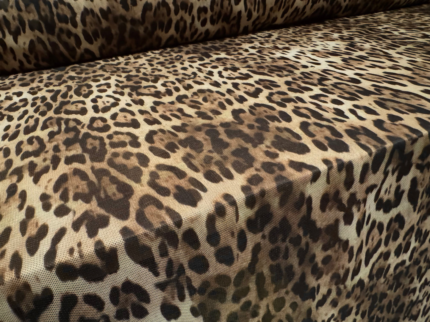 Power mesh net stretch spandex fabric, per metre - ocelot animal print - taupe & beige