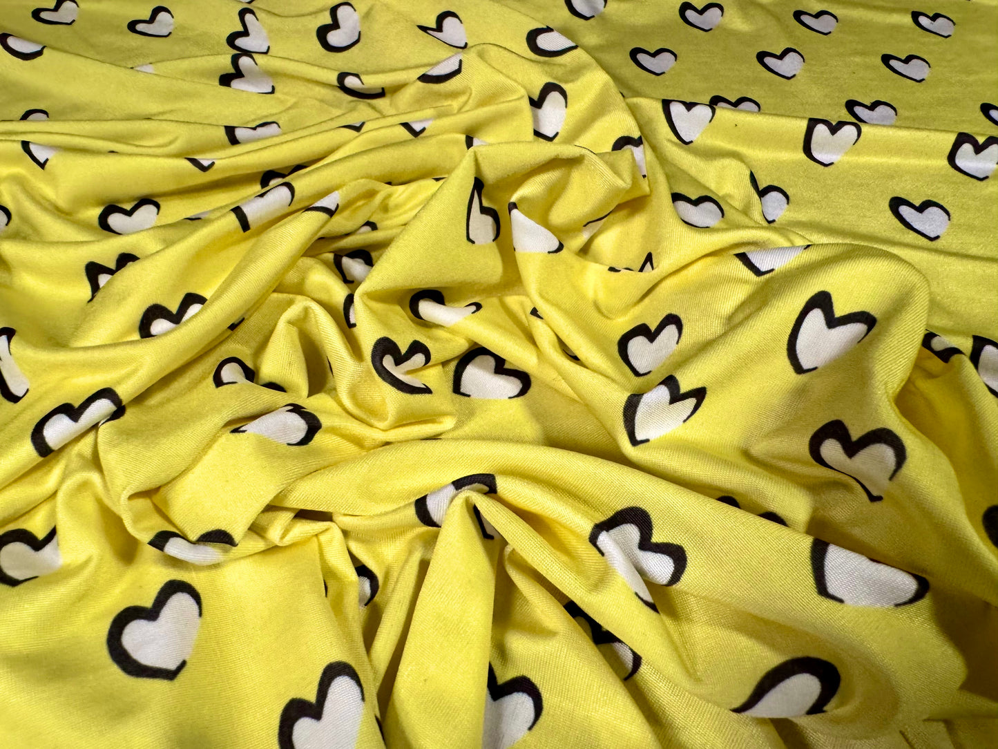 Soft touch stretch spandex single jersey fabric, per metre - love heart print - yellow