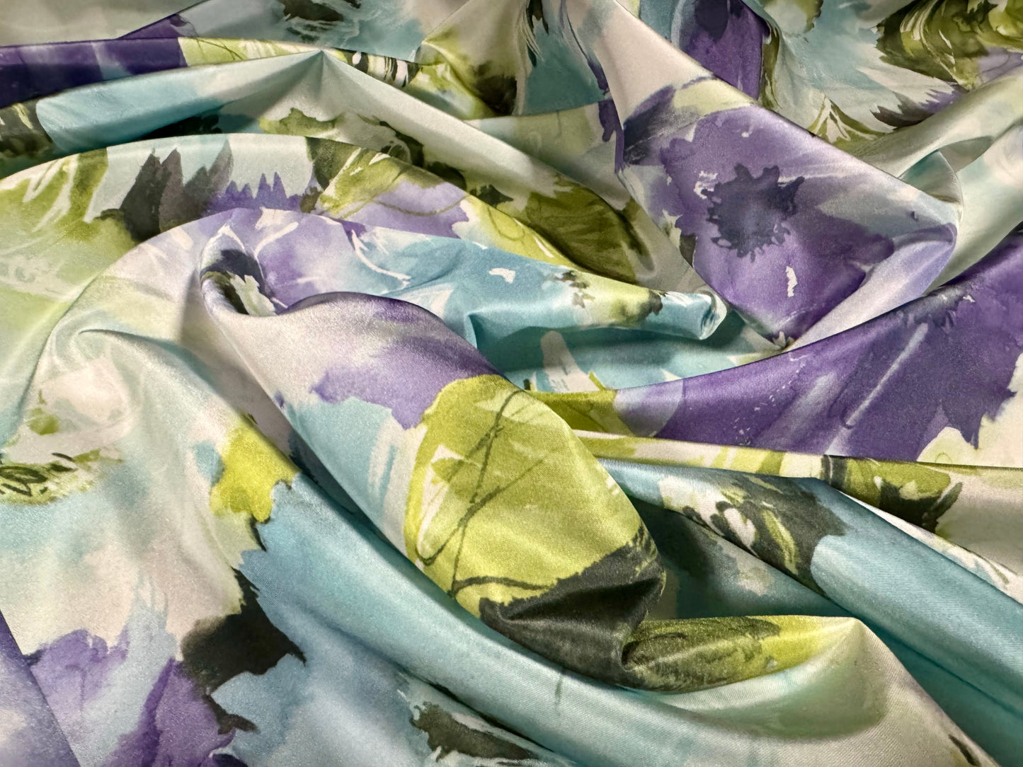 Taffeta faux silk fabric - watercolour flowers print - aqua violet & green
