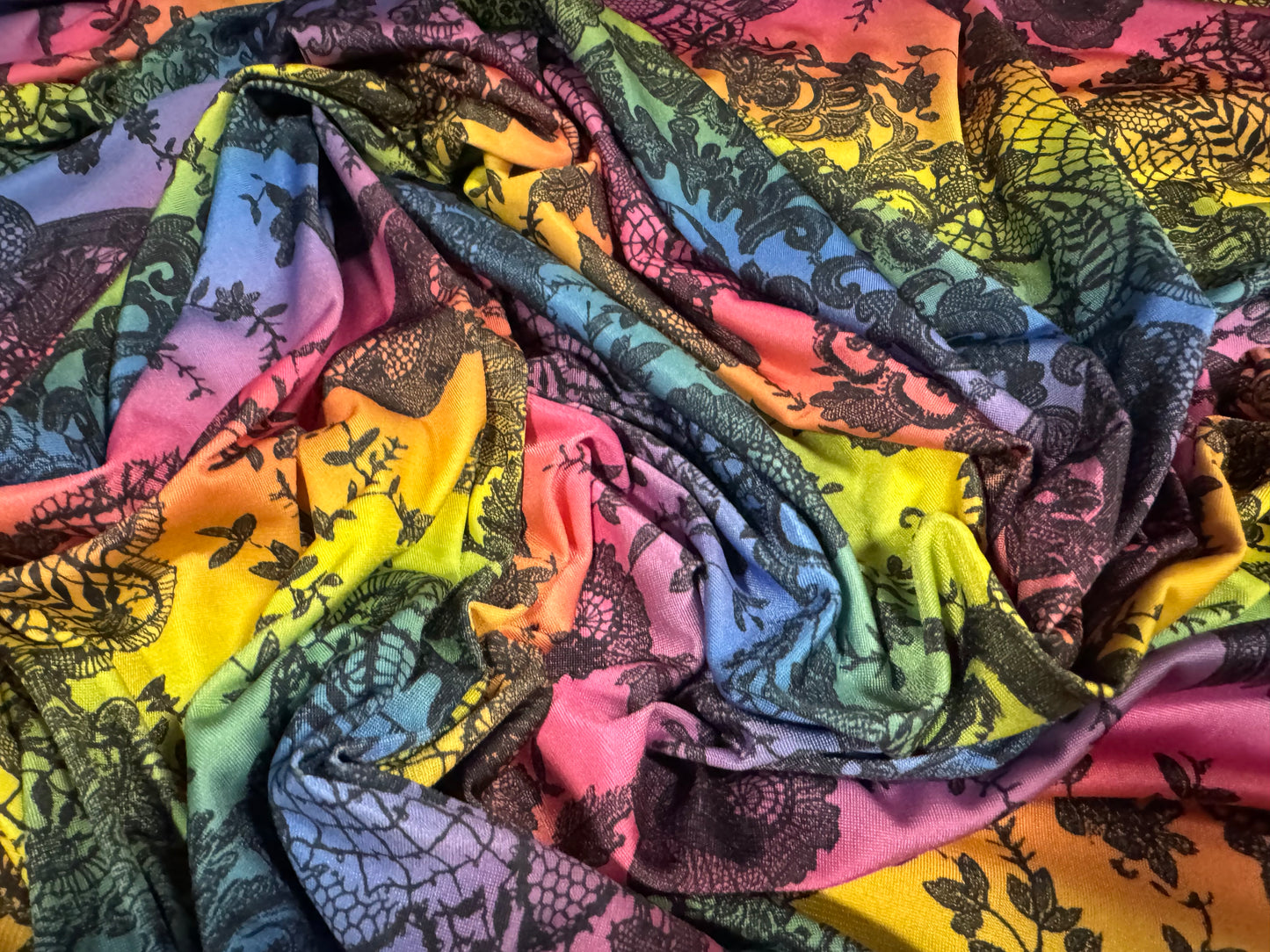 Soft touch stretch spandex single jersey fabric, per metre - paisley rainbow print