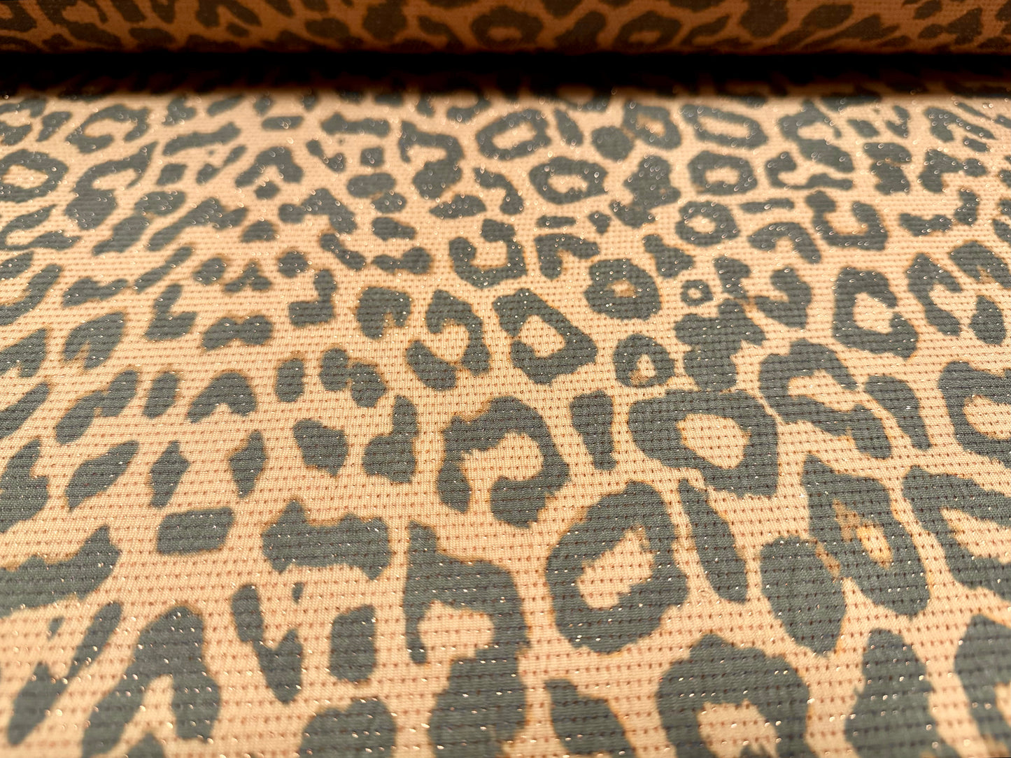 Metallic slinky spandex stretch jersey fabric with gold lurex, per metre - cheetah animal print - light brown