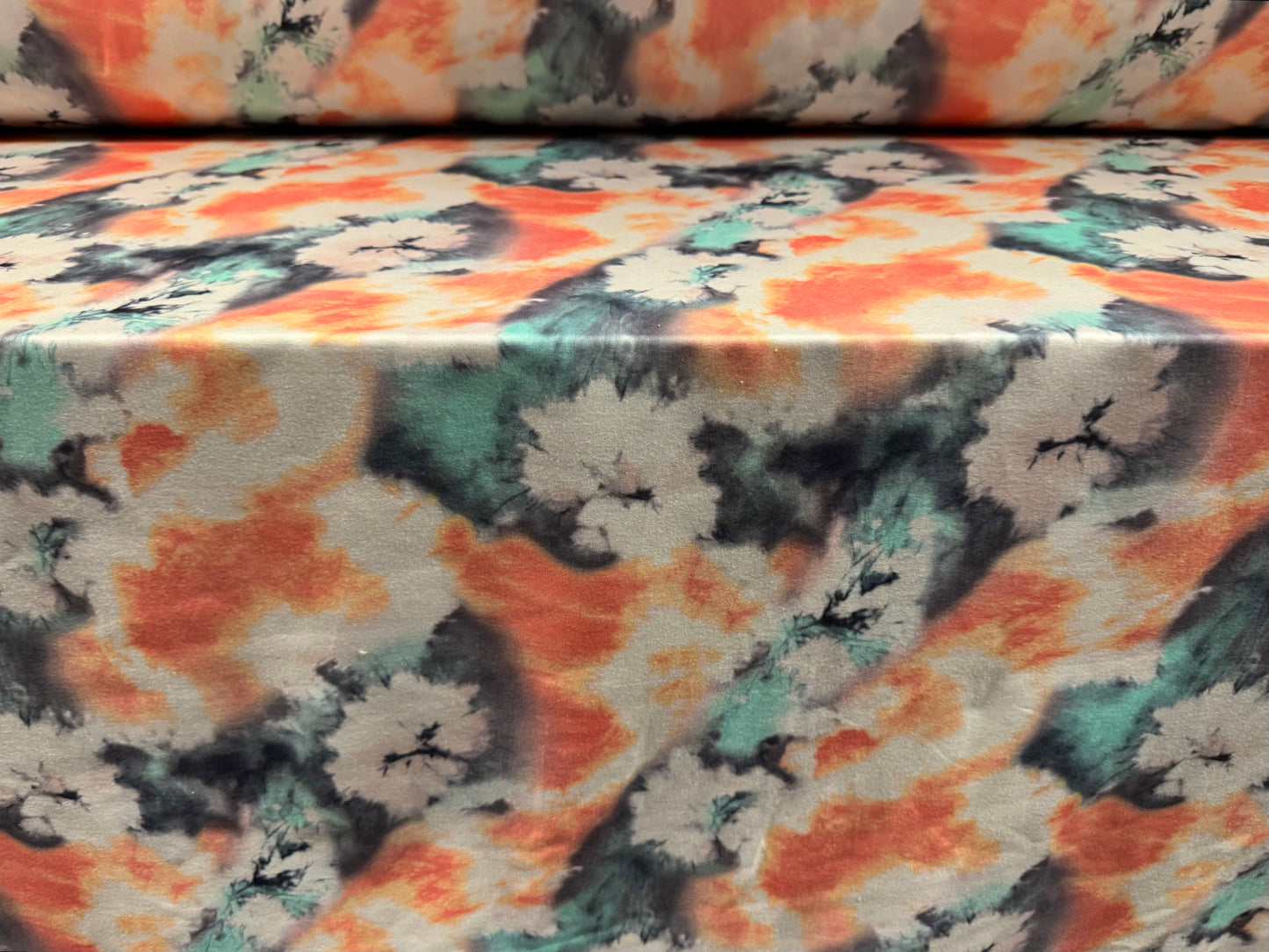 Stretch spandex interlock jersey fabric, per metre - watercolour floral print - peach & aqua
