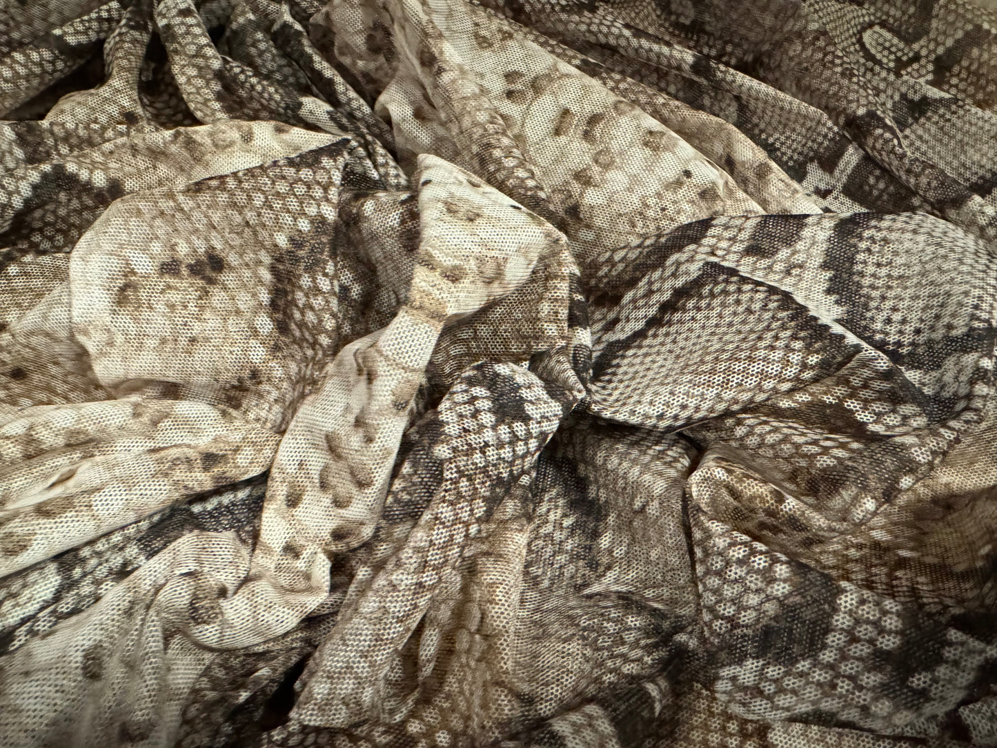 Power mesh net stretch spandex fabric, per metre - rattlesnake print - olive brown