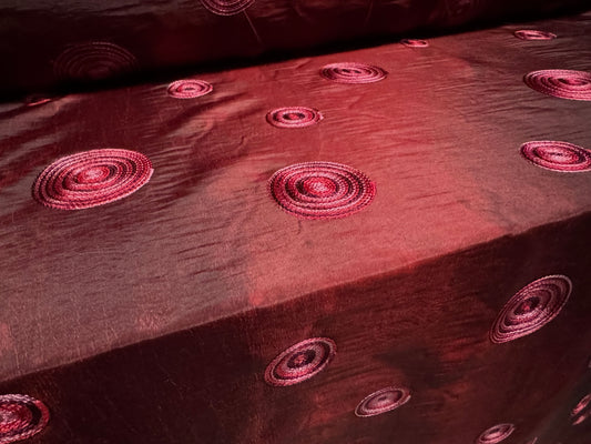 Taffeta faux silk fabric, per metre - embroidered concentric circles - wine