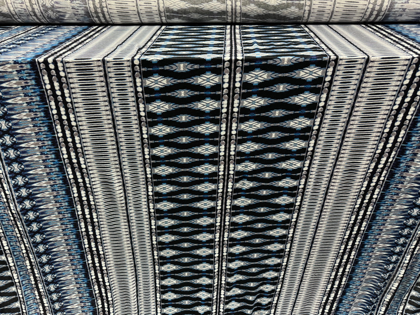Viscose spandex stretch single jersey fabric, per metre - stylised Aztec print - petrol blue