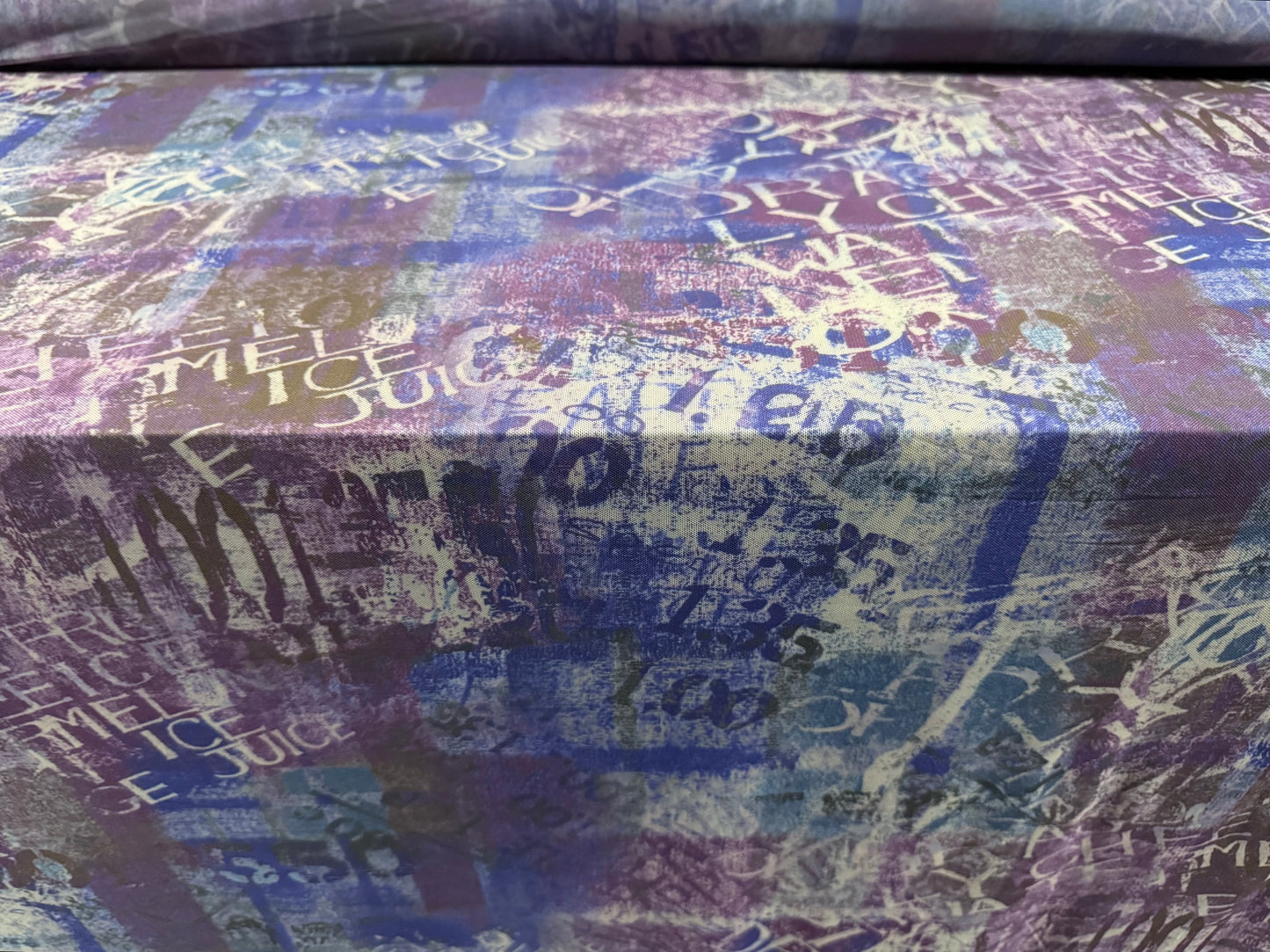 Power mesh net stretch spandex fabric, per metre - urban graffiti print - violet & blue