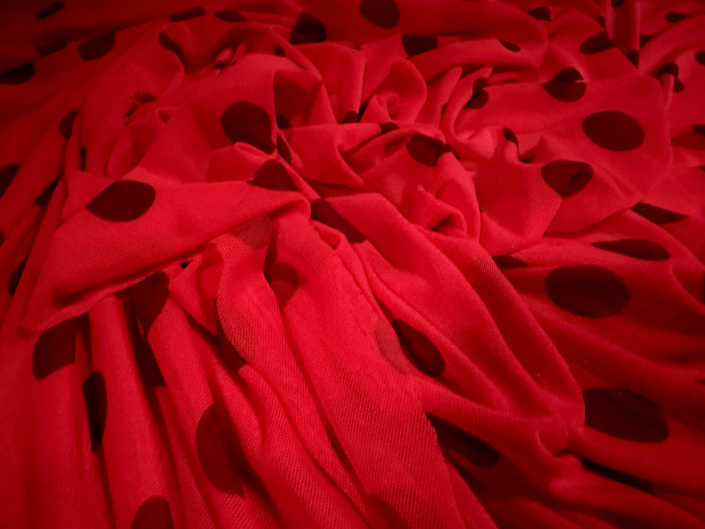Power mesh net stretch spandex fabric, per metre - ladybird polka dot print - red & black