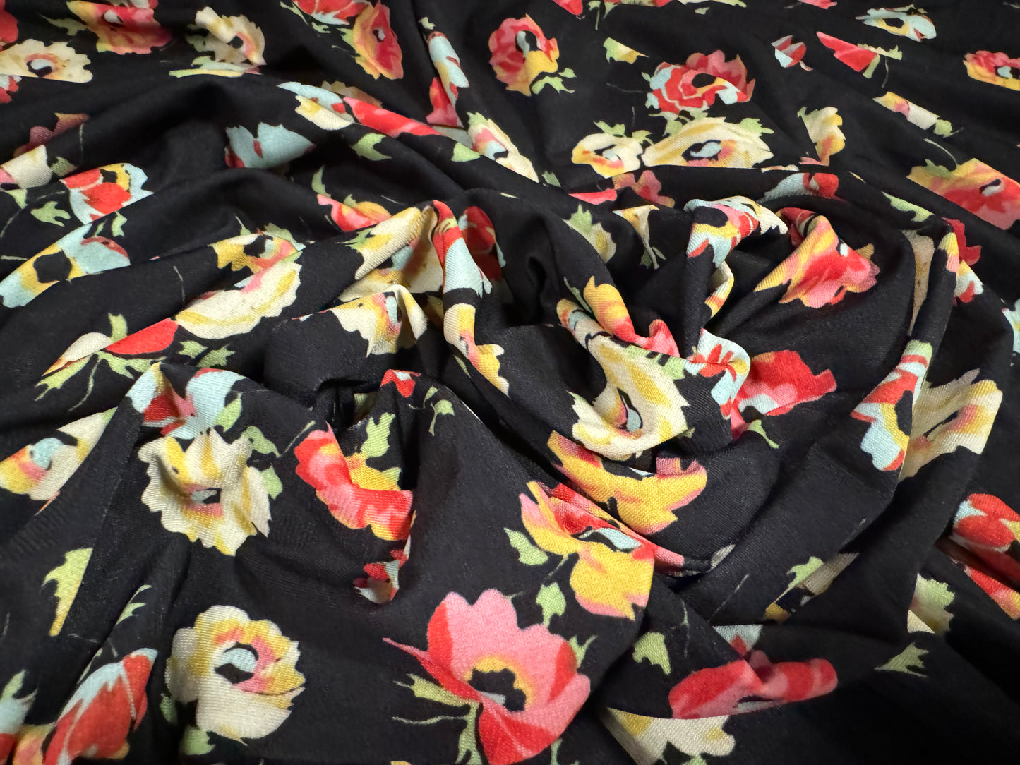 ITY stretch spandex single jersey fabric, per metre - flower print - black lemon & pink