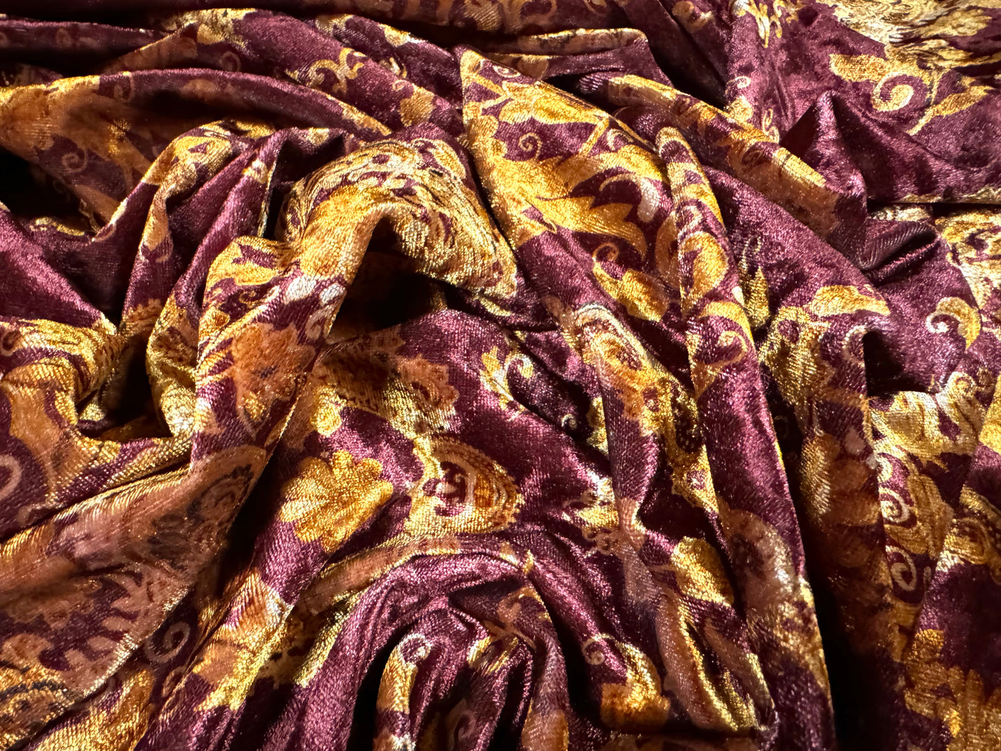 Spandex velvet stretch dress fabric, per mere - damask print - burgundy & gold