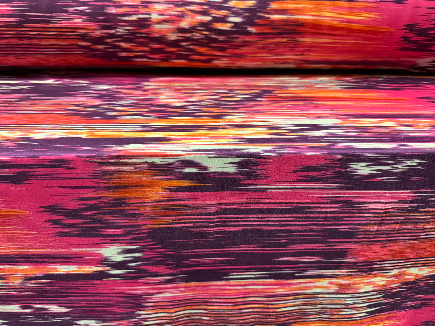 Stretch spandex interlock jersey fabric, per metre - abstract print - purple orange & magenta