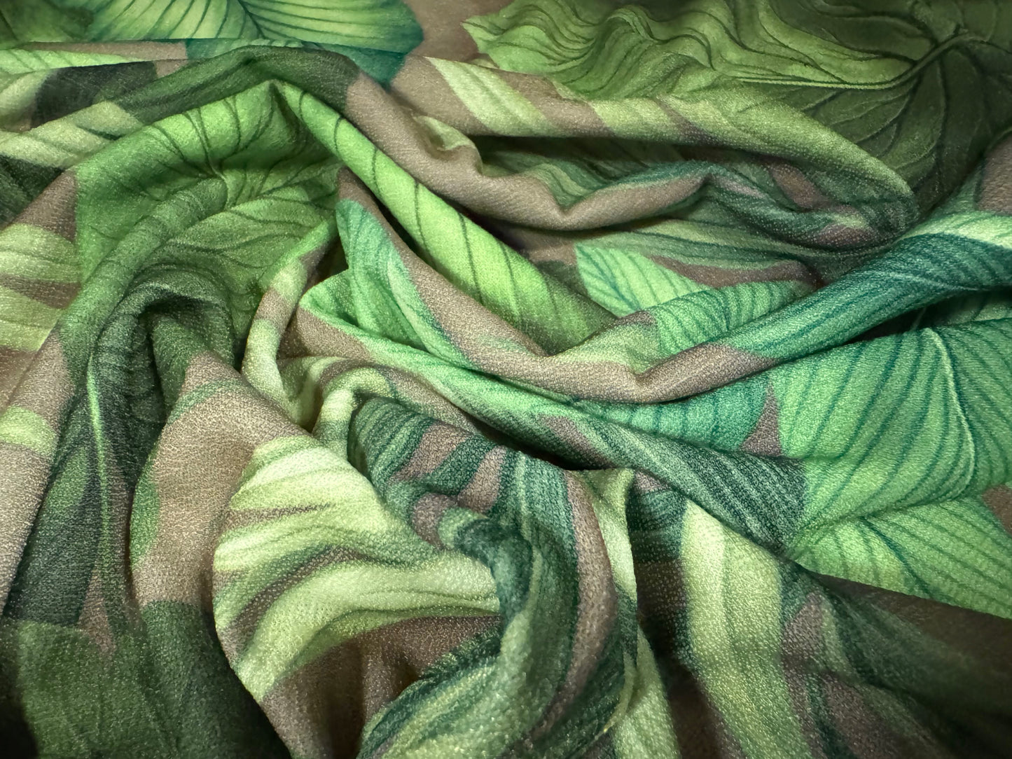 Valentino crepe stretch spandex jersey fabric, per metre - jungle leaf print - green