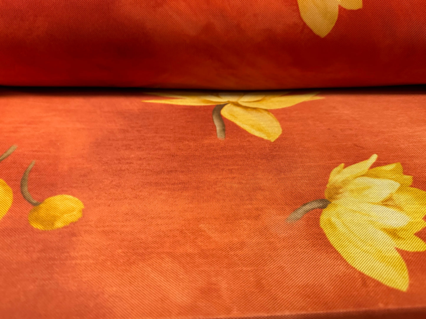 Power mesh net stretch spandex fabric, per metre - lotus flower print - orange & yellow