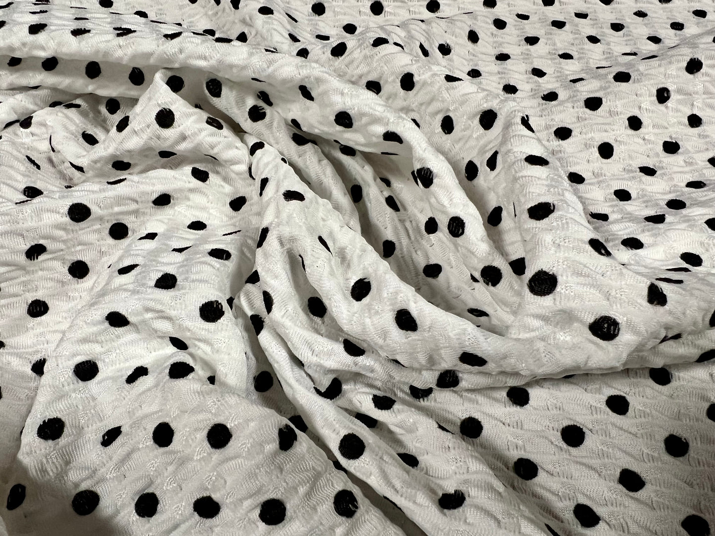 Double jersey knit stretch spandex dress fabric, per metre - polka dot spot - white & black