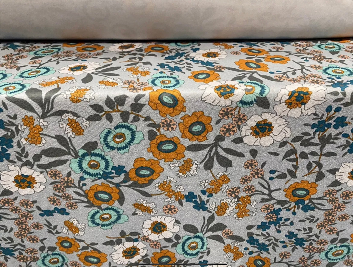 Scuba crepe stretch spandex jersey dress fabric, per metre - floral print - duck egg & saffron