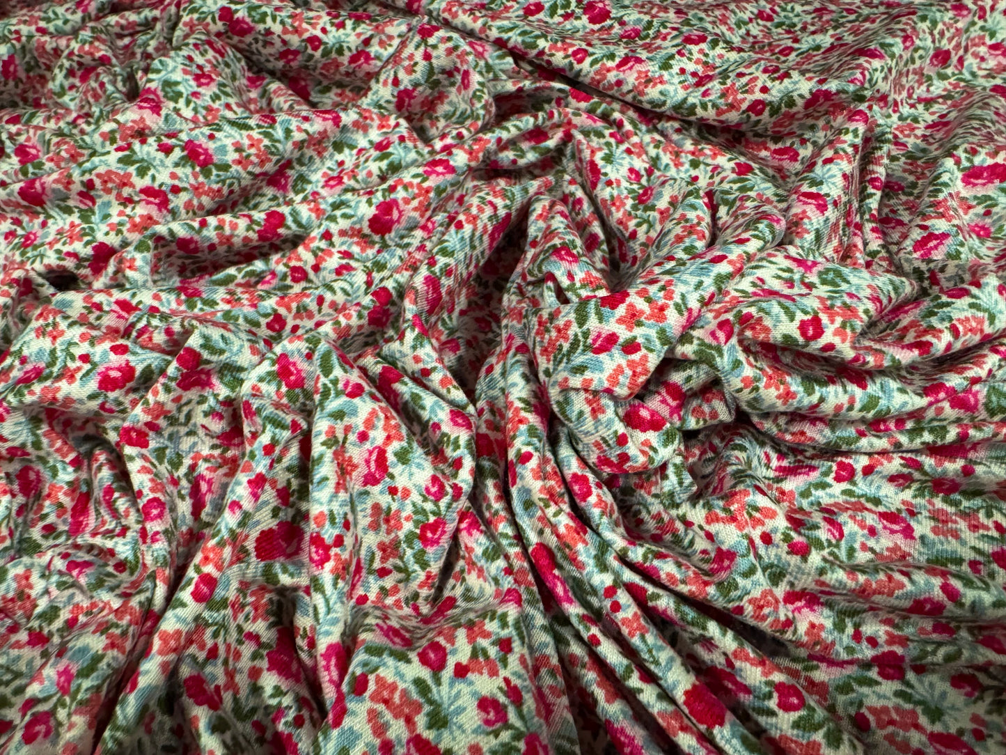 Viscose spandex stretch single jersey fabric, per metre - small flower ditsy print - cerise & green