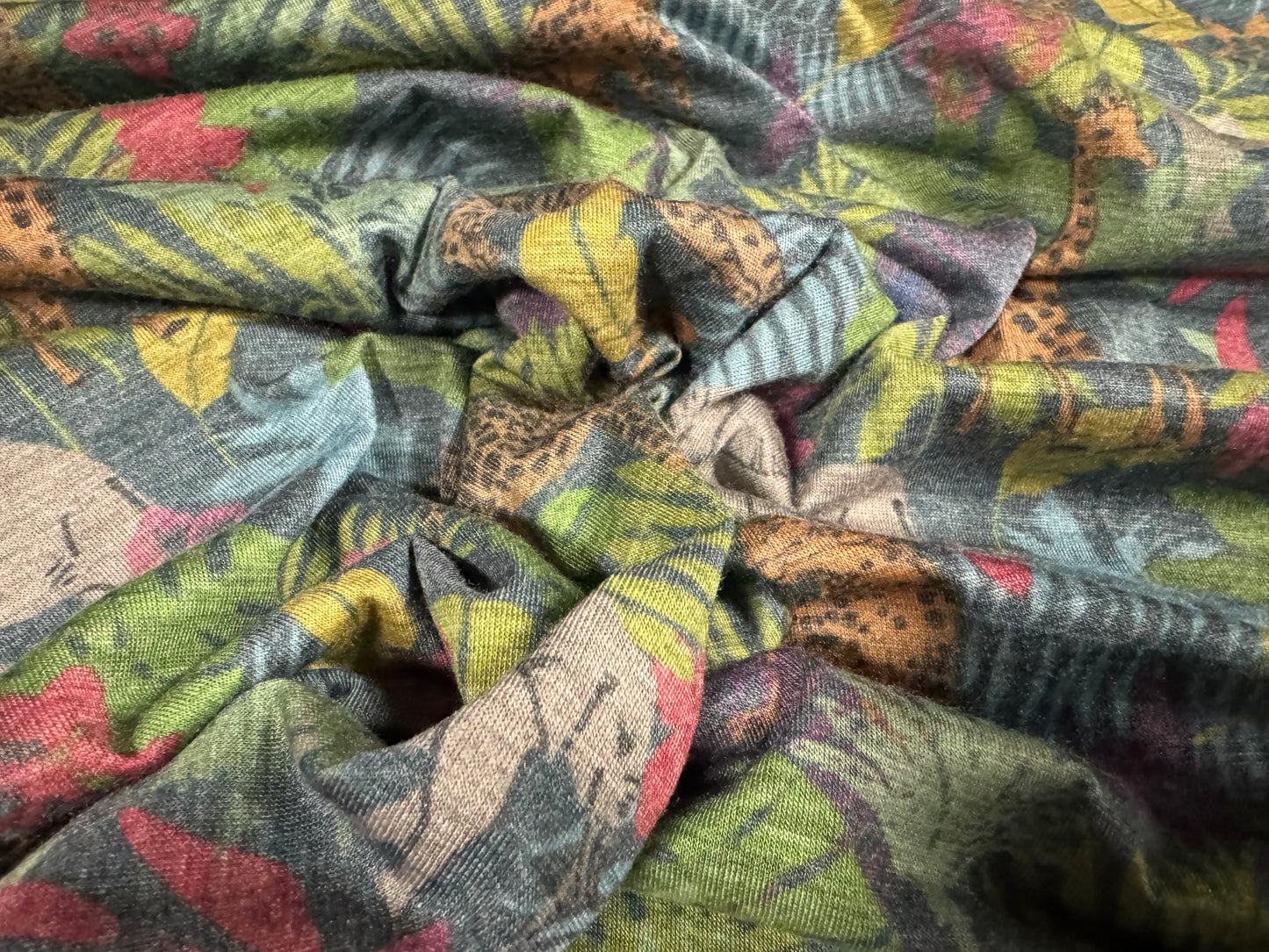 Stretch spandex melange jersey fabric, per metre - animal safari print - multicolour