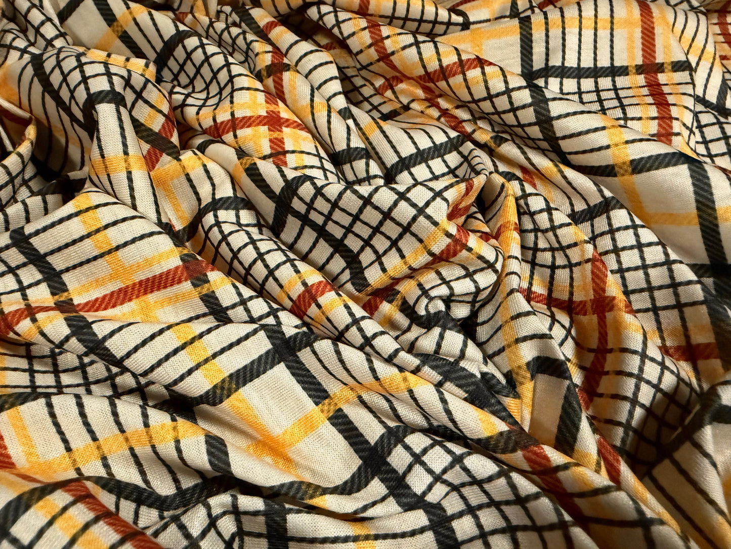 Soft handle single jersey fabric, per metre - check print - cream mustard & red