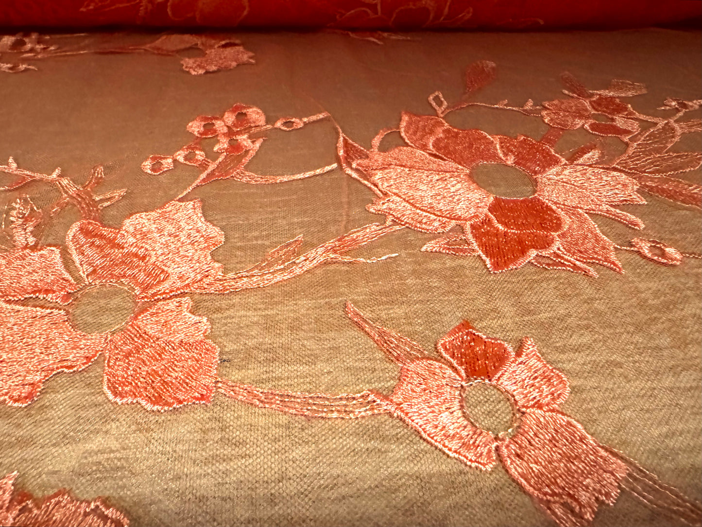 Embroidered tulle mesh net fabric, per metre - floral - scalloped selvedge - orange
