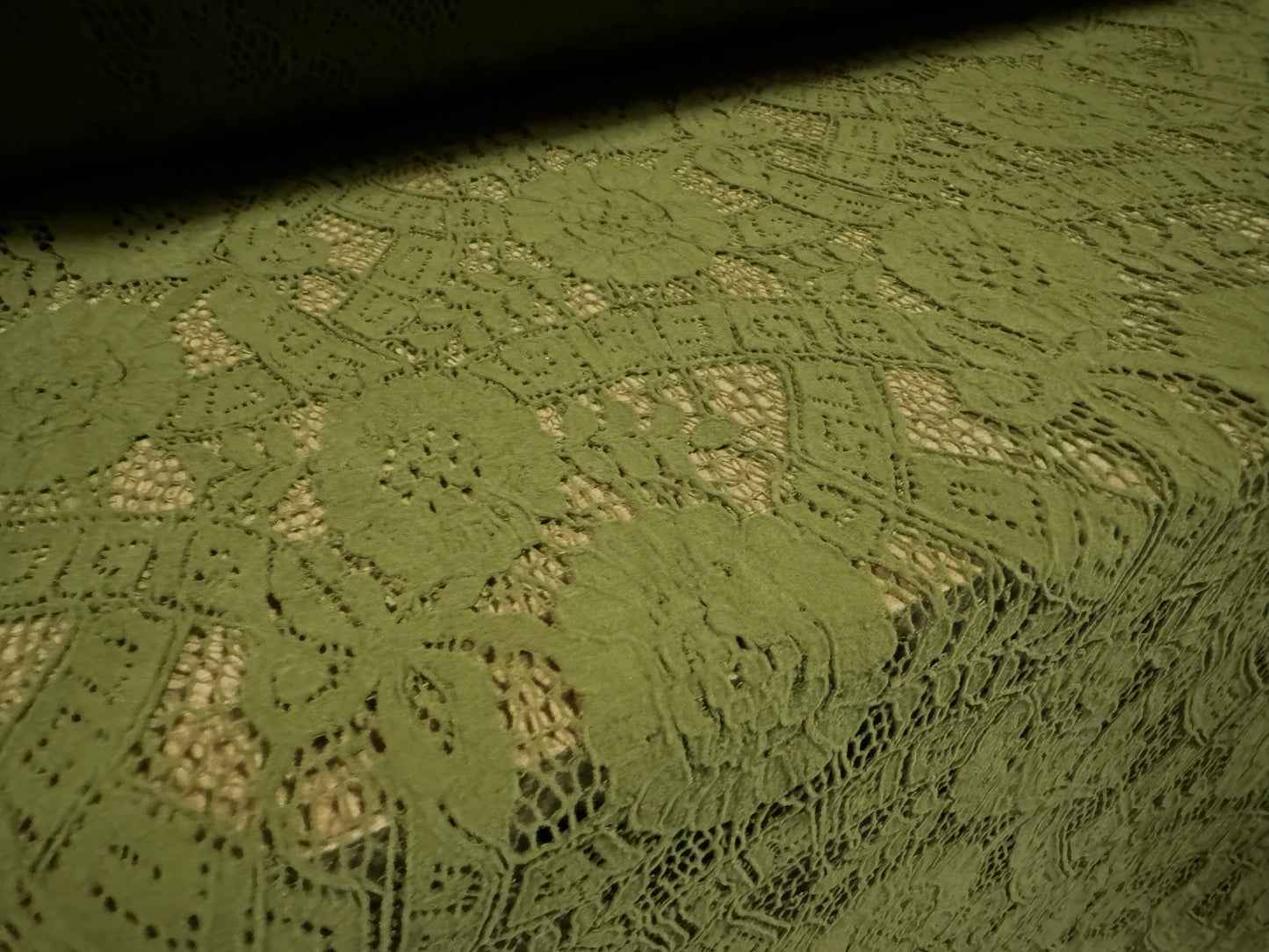 Heavyweight Alencon lace fabric, per metre - flower design - moss green