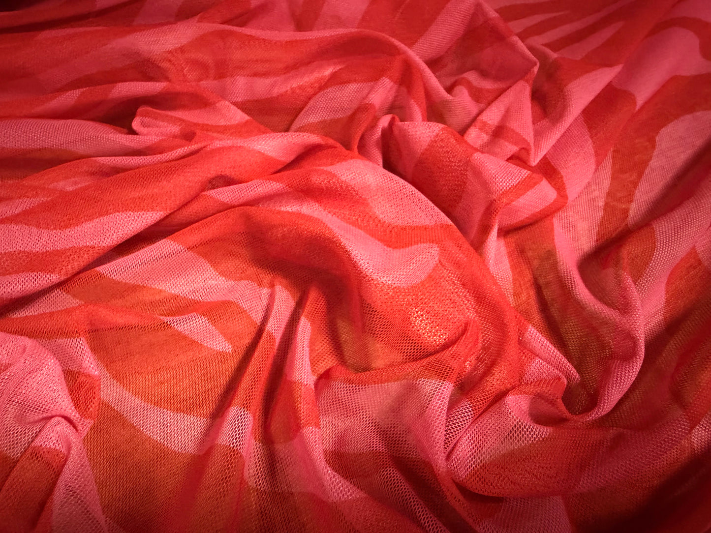 Power mesh net stretch spandex fabric, per metre - zebra print - red & pink