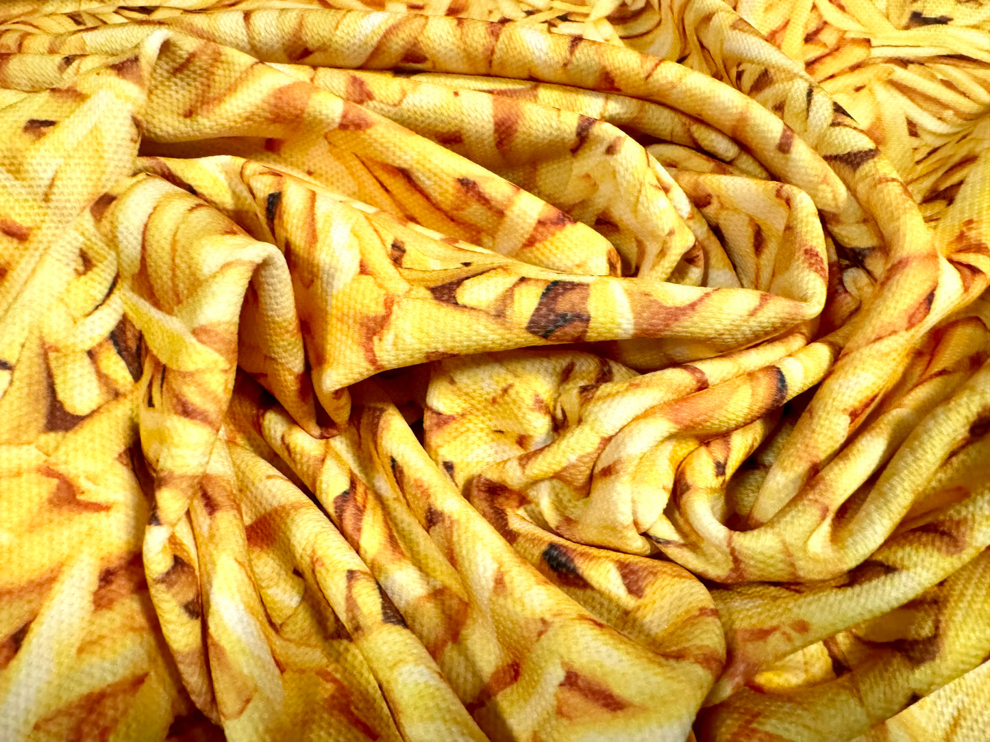 Stretch spandex piqué jersey fabric, per metre - French Fries chips print - gold