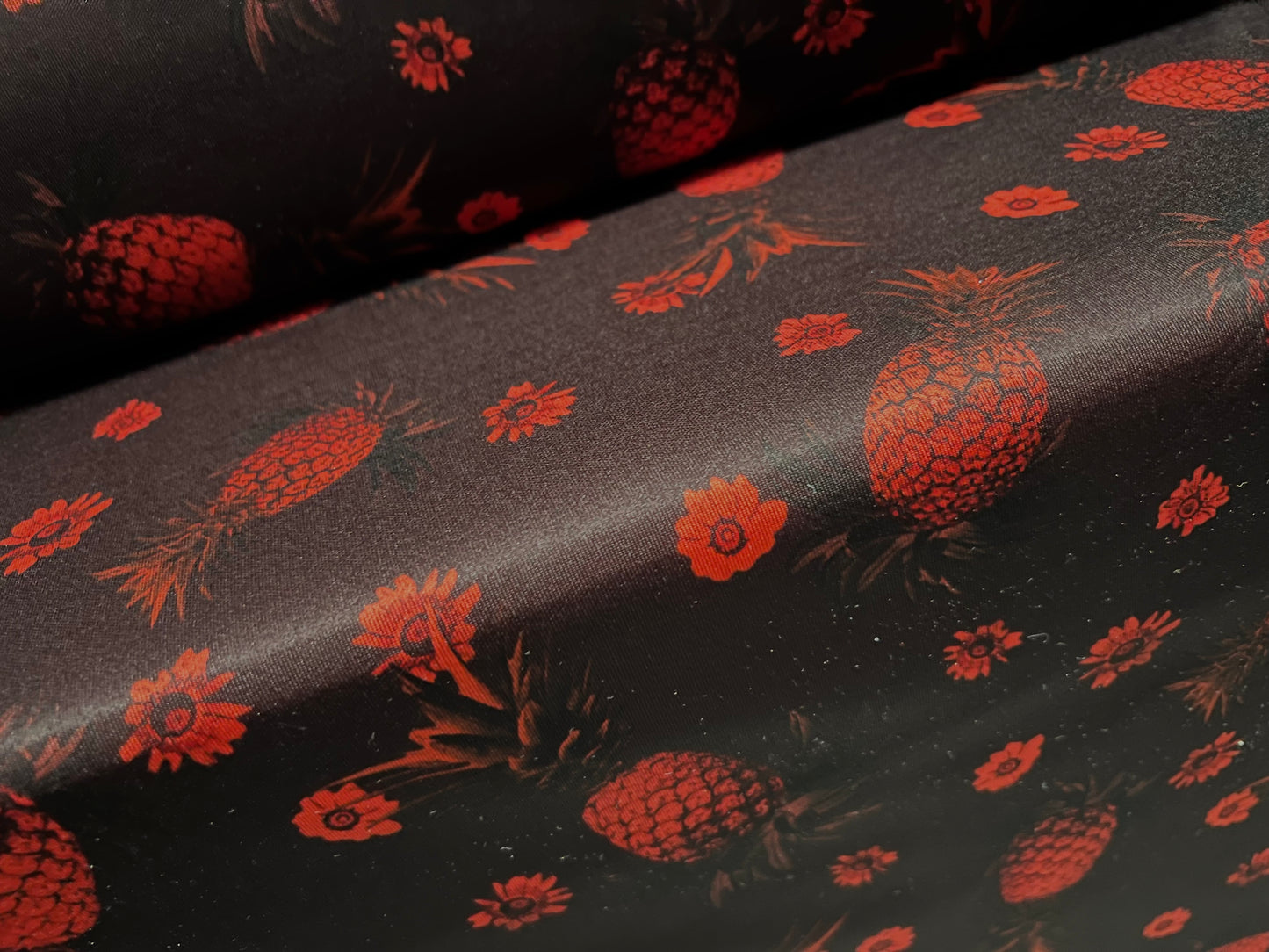 Sandwich Scuba Neoprene double jersey fabric, per metre - pineapple print - dark aubergine & red