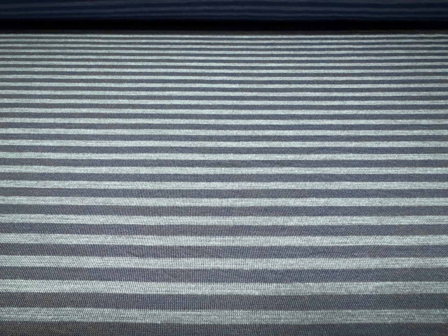 Viscose spandex stretch single jersey fabric, per metre - stripe - denim & powder blue