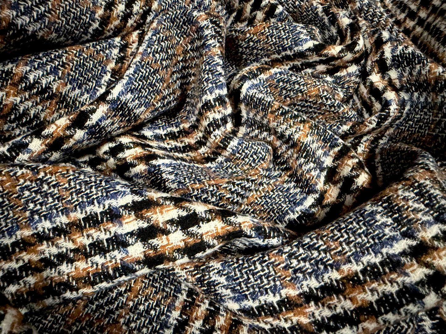 Wool tweed fabric, per metre - plaid check - denim blue & caramel