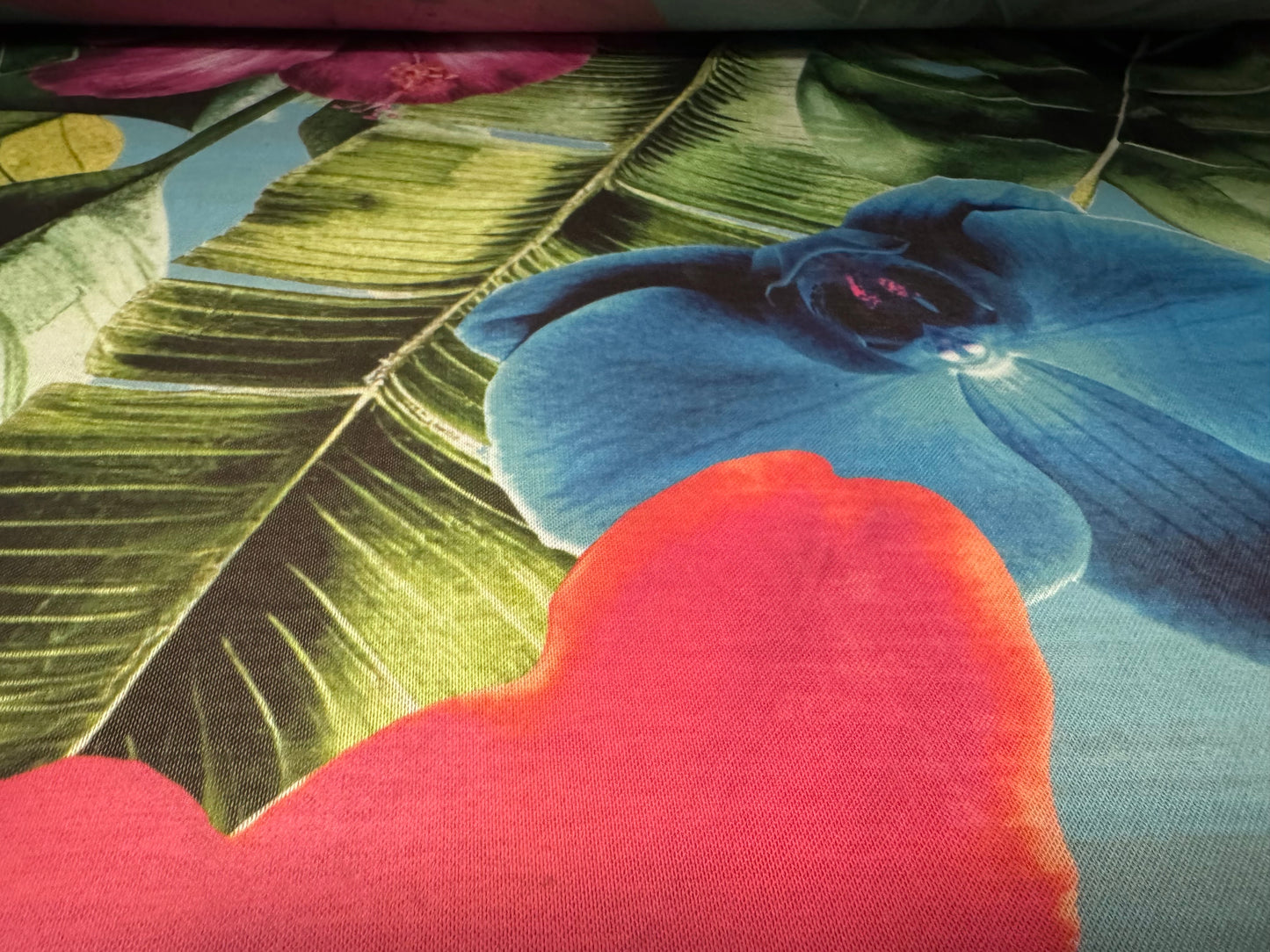 Power mesh net stretch spandex fabric, per metre - Tropical orchid floral print - sky blue & pink