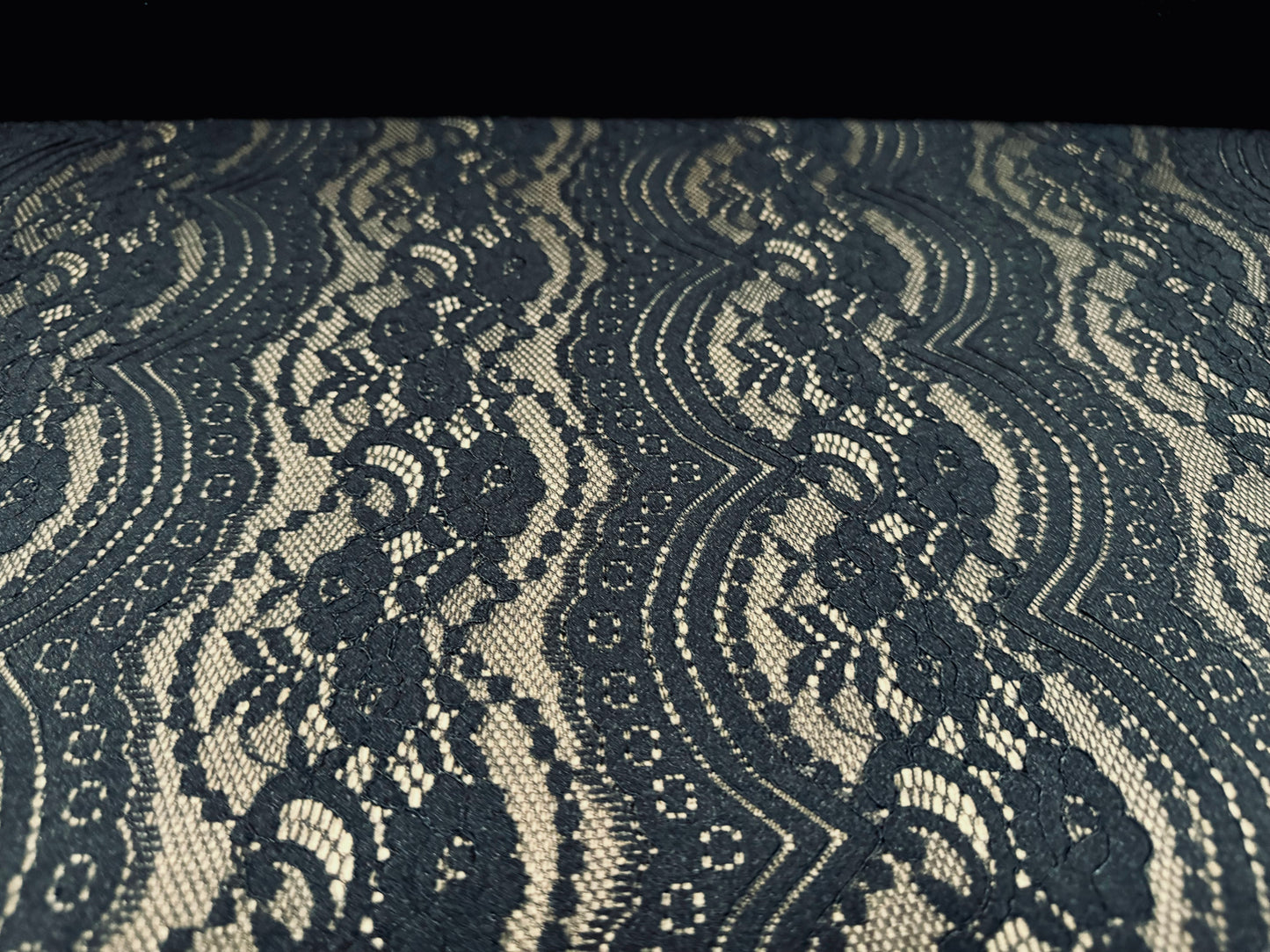 Stretch lace dress fabric, per metre - scalloped selvedge - floral wave - black