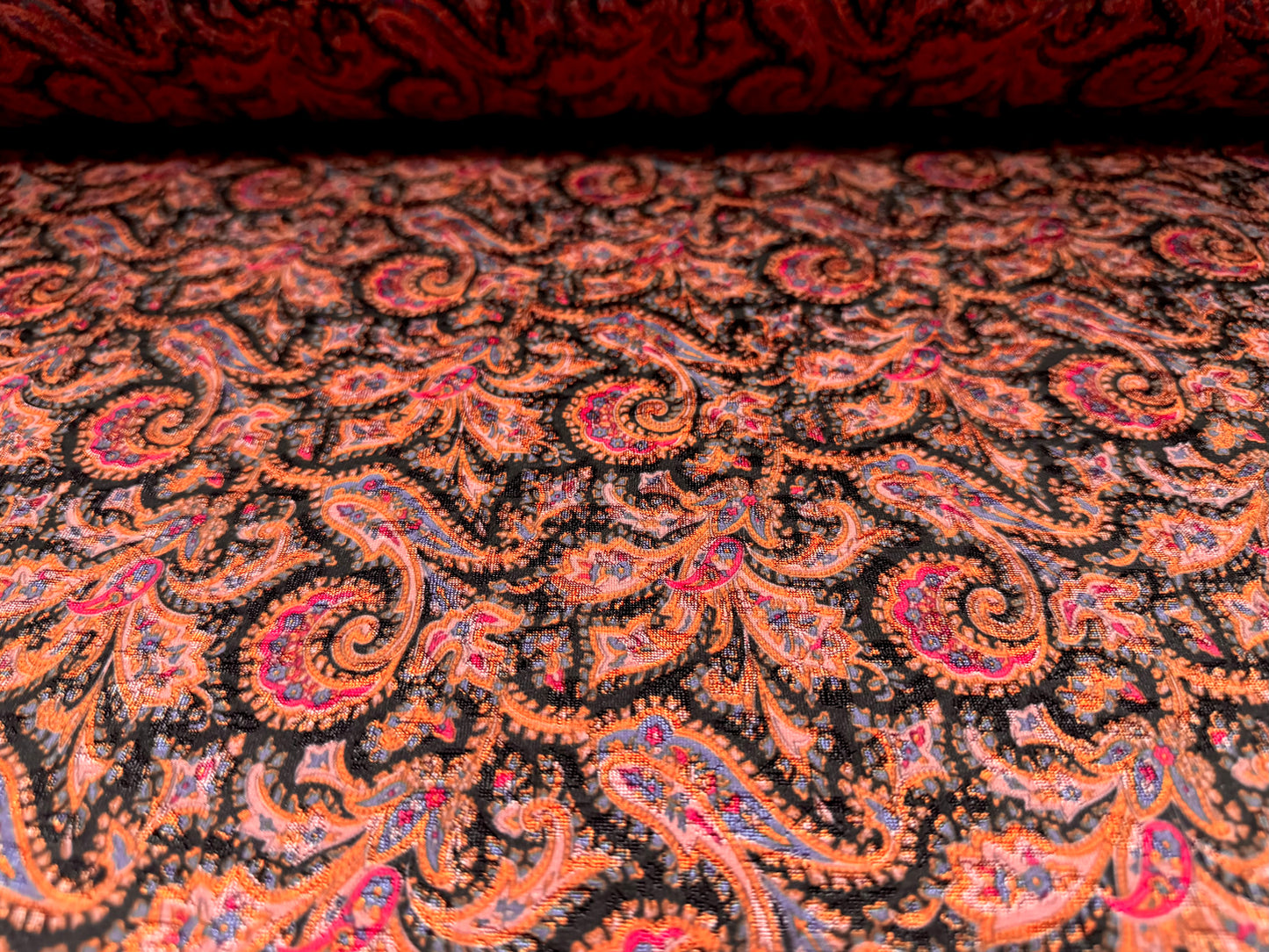 Stretch spandex jersey jacquard fabric, per metre - paisley print - black & pink