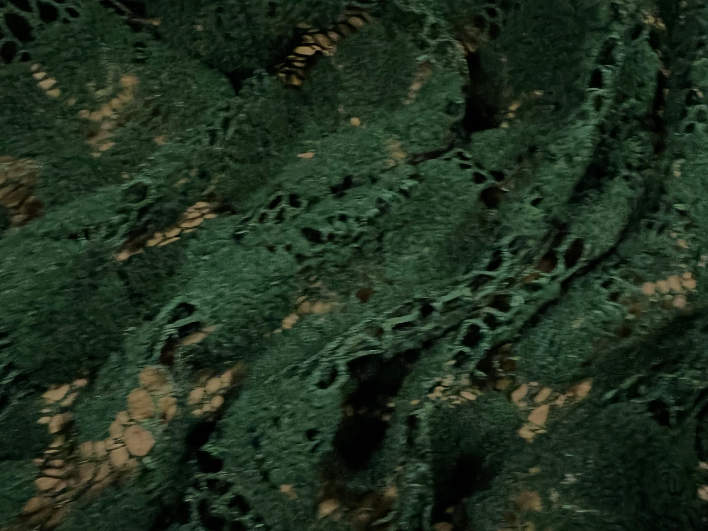 Heavy flocked lace dress fabric, per metre - flower design - bottle green