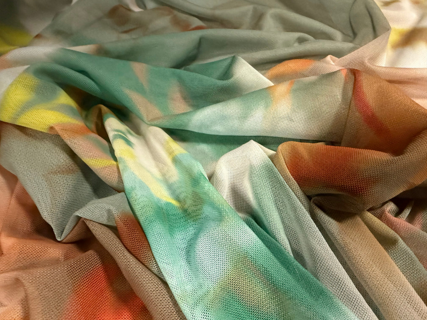 Power mesh net stretch spandex fabric, per metre - floral print - pastel jade