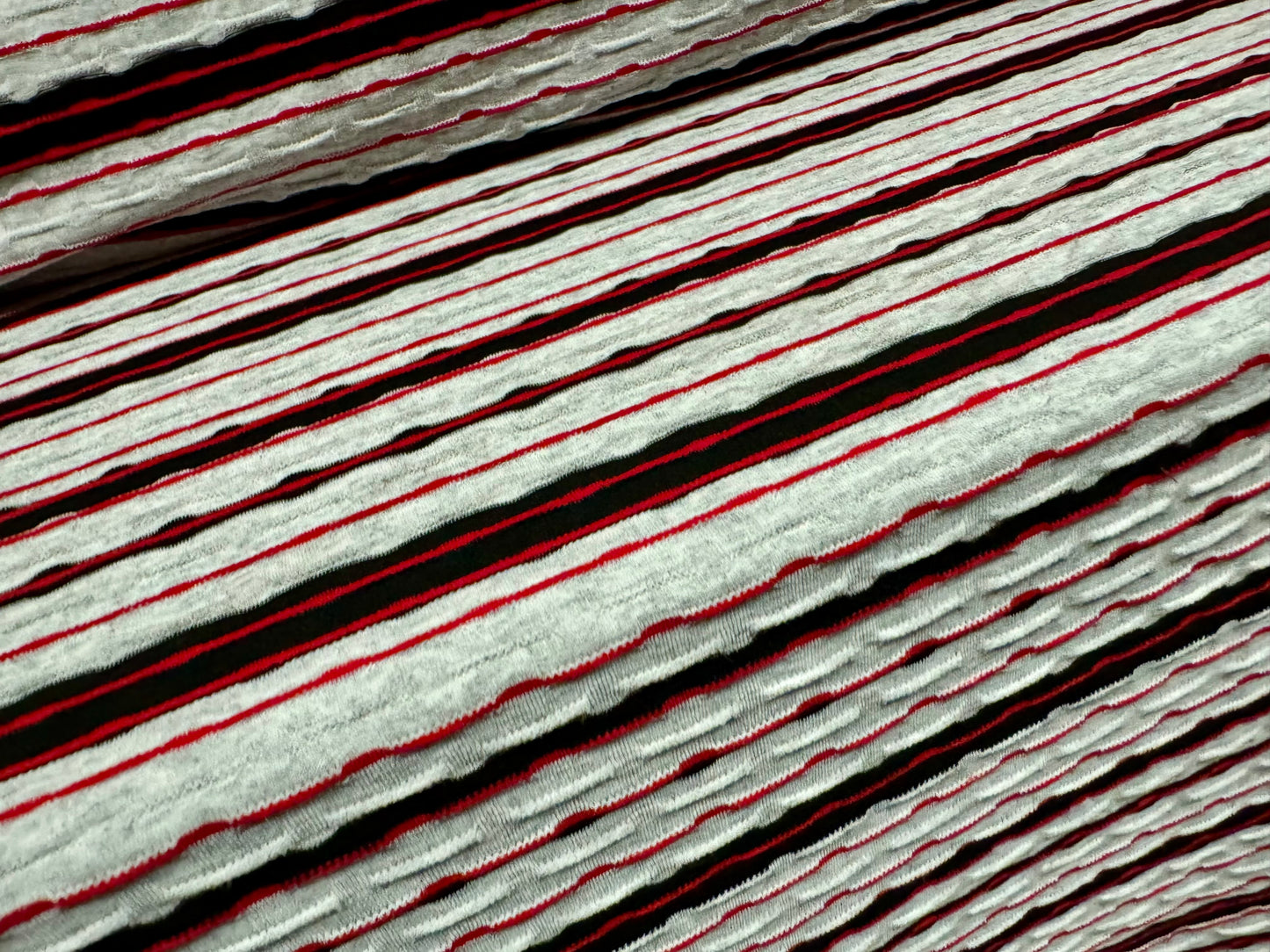 Viscose spandex stretch single jersey fabric, per metre - raised stripes - grey marl red & black