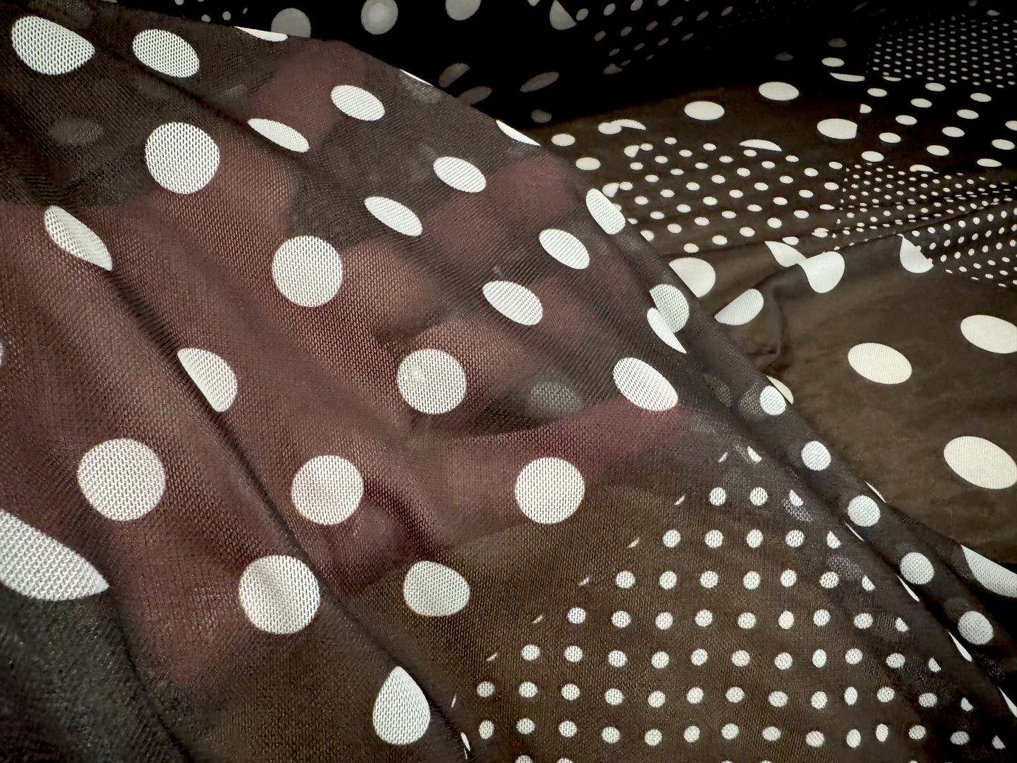 Power mesh net stretch spandex fabric, per metre - polka dot patchwork print - black & white