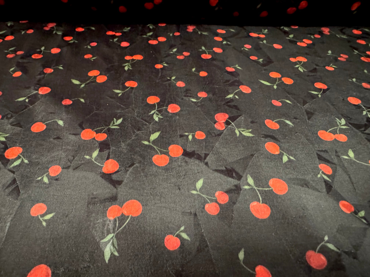 Taffeta faux silk fabric - pressed leaf jacquard with cherry print - black & red