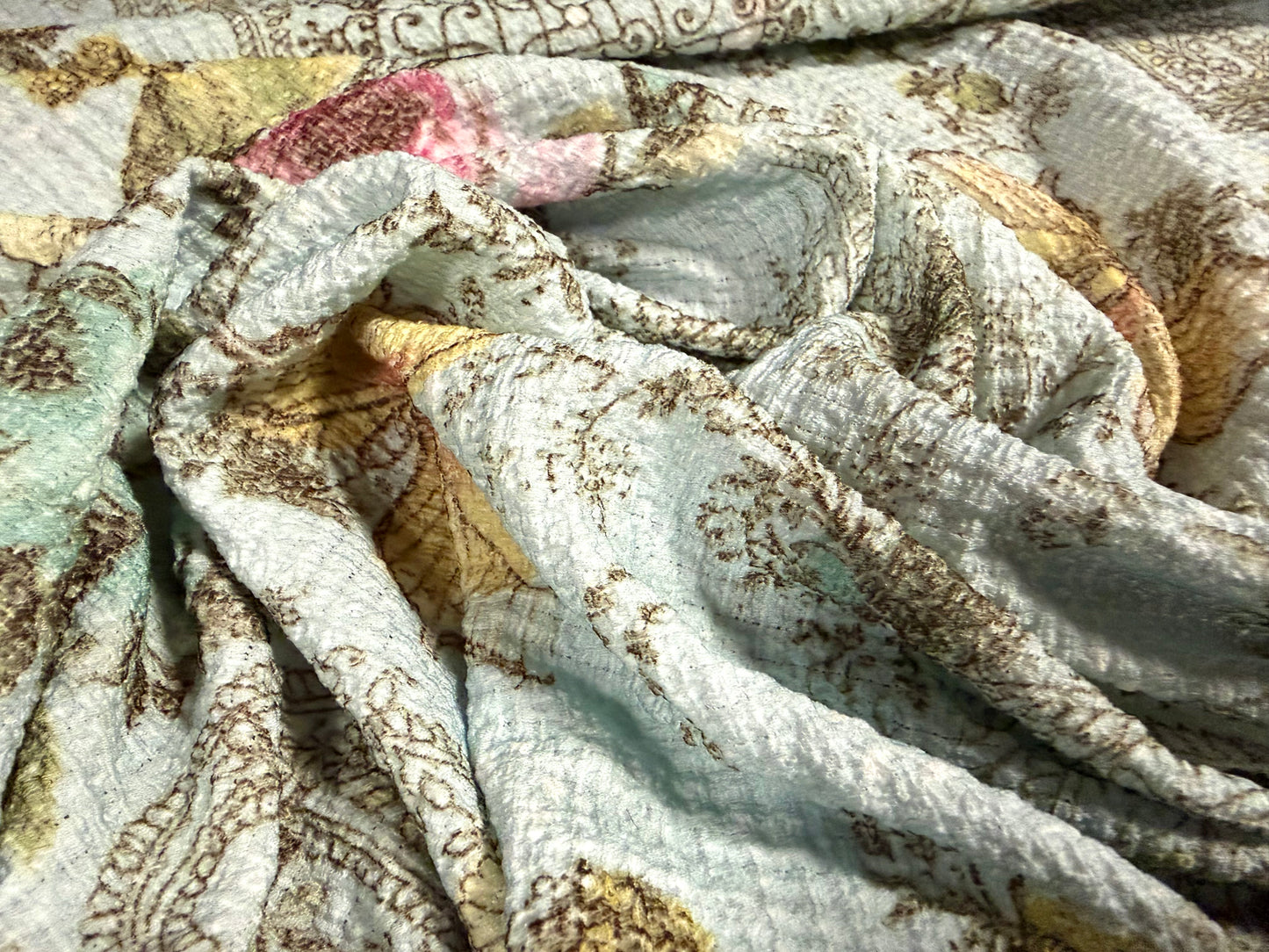 Popcorn weave fashion fabric, per metre - Butterfly Dreamcatcher print - aqua