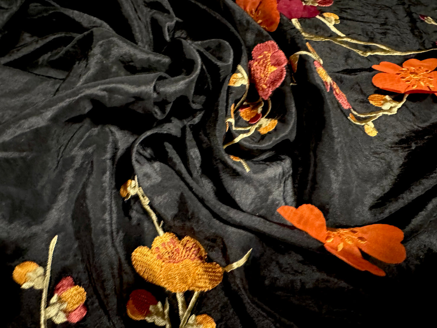 Taffeta faux silk fabric, per metre - embroidered blossom appliqué border - black