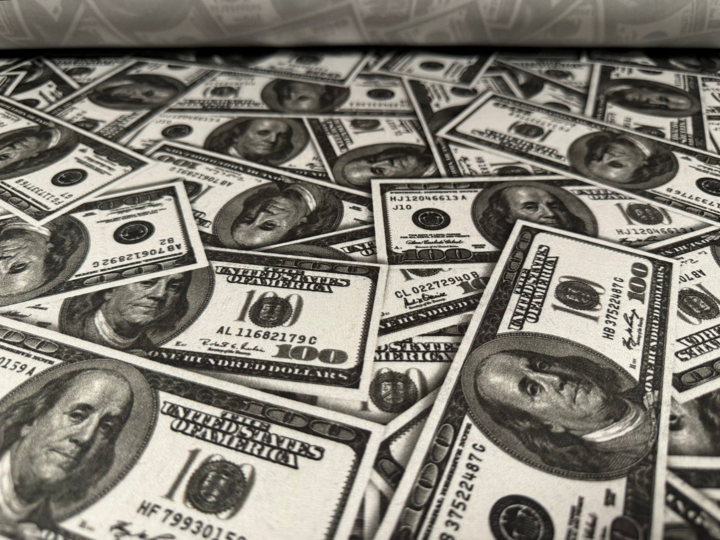Soft touch stretch spandex single jersey fabric, per metre - $100 dollar bill print - grey & white