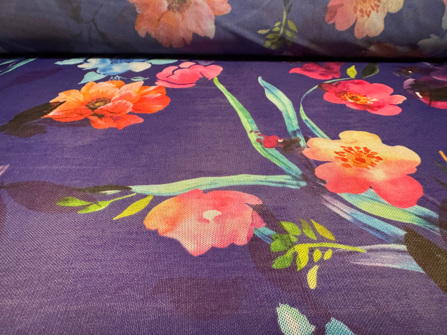 Power mesh net stretch spandex fabric, per metre - orchid flower print - ultramarine
