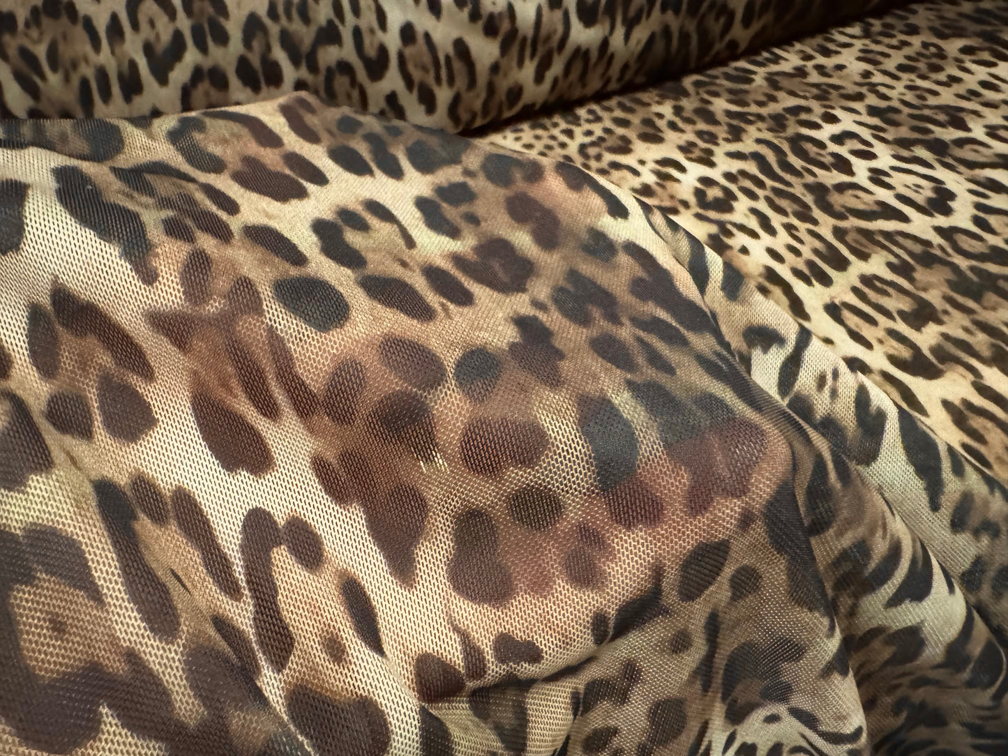 Power mesh net stretch spandex fabric, per metre - ocelot animal print - taupe & beige