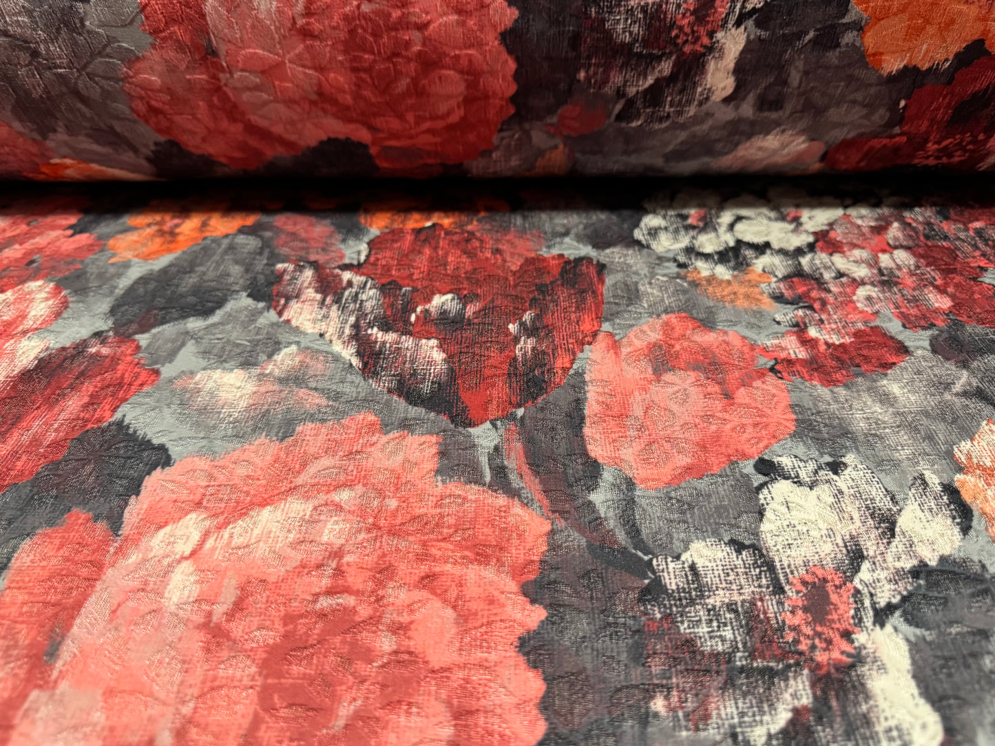 Stretch spandex jersey jacquard fabric, per metre - artistic wild rose print - grey & pink