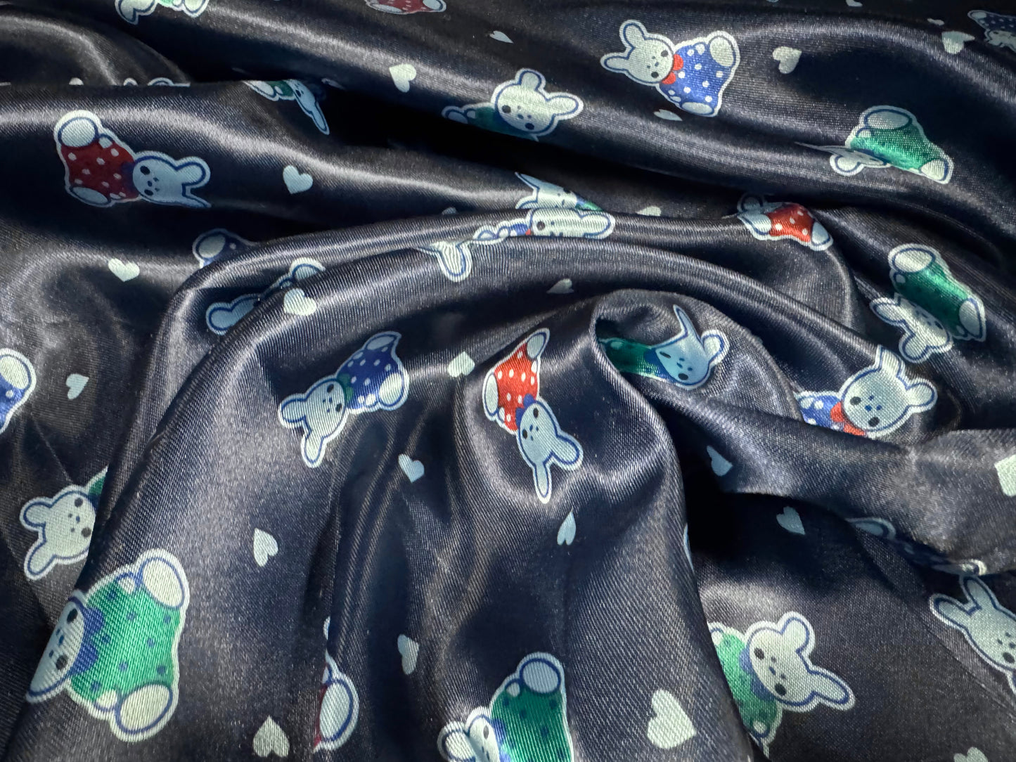 Silky satin woven dress fabric, per metre - bunny rabbit print - navy blue