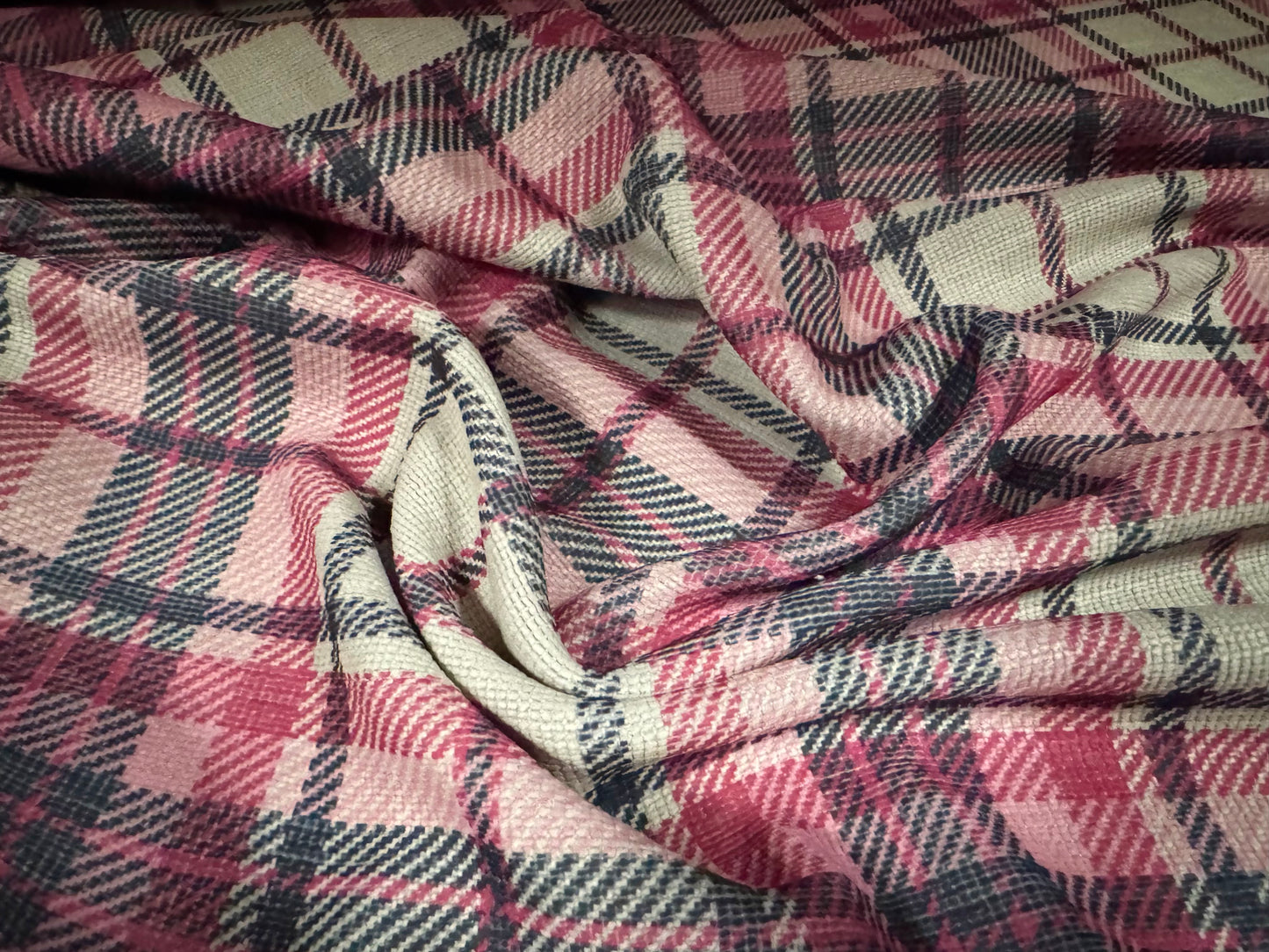 Chenille upholstery fabric, per metre - tartan check print - pink & grey