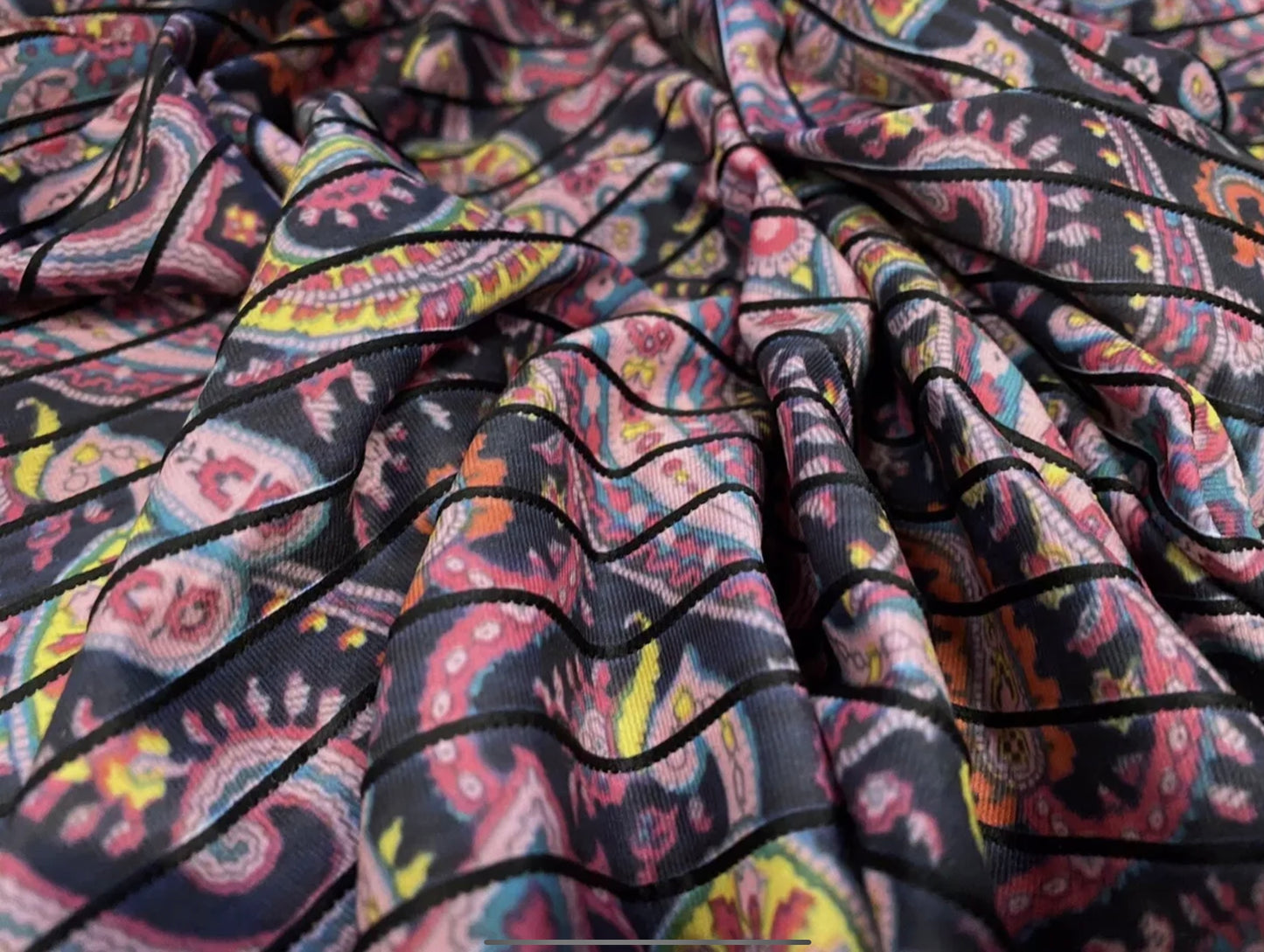 Stretch spandex jersey fabric - per metre - paisley print with a raised pinstripe