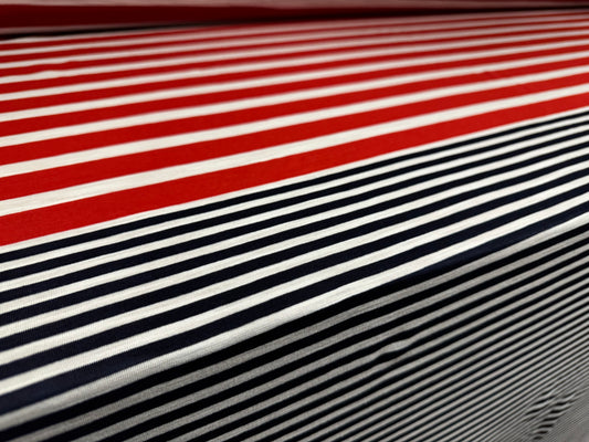 Viscose blend single jersey fabric, per metre - multi stripe - navy white & red