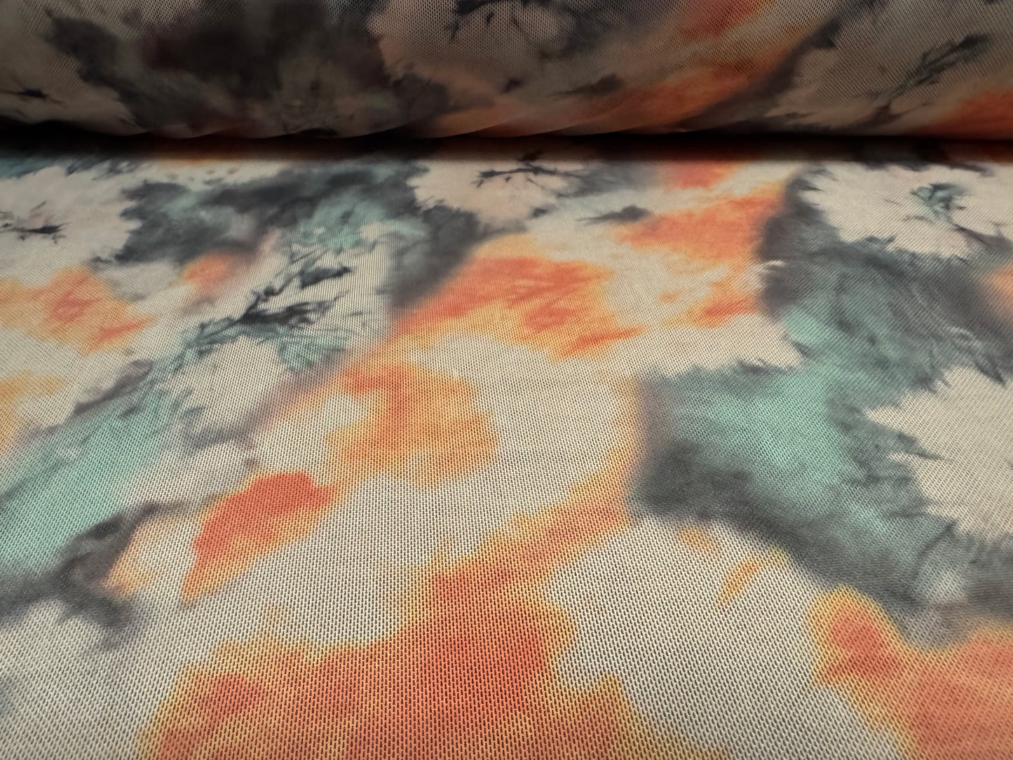 Power mesh net stretch spandex fabric, per metre - smudge floral print - peach & teal