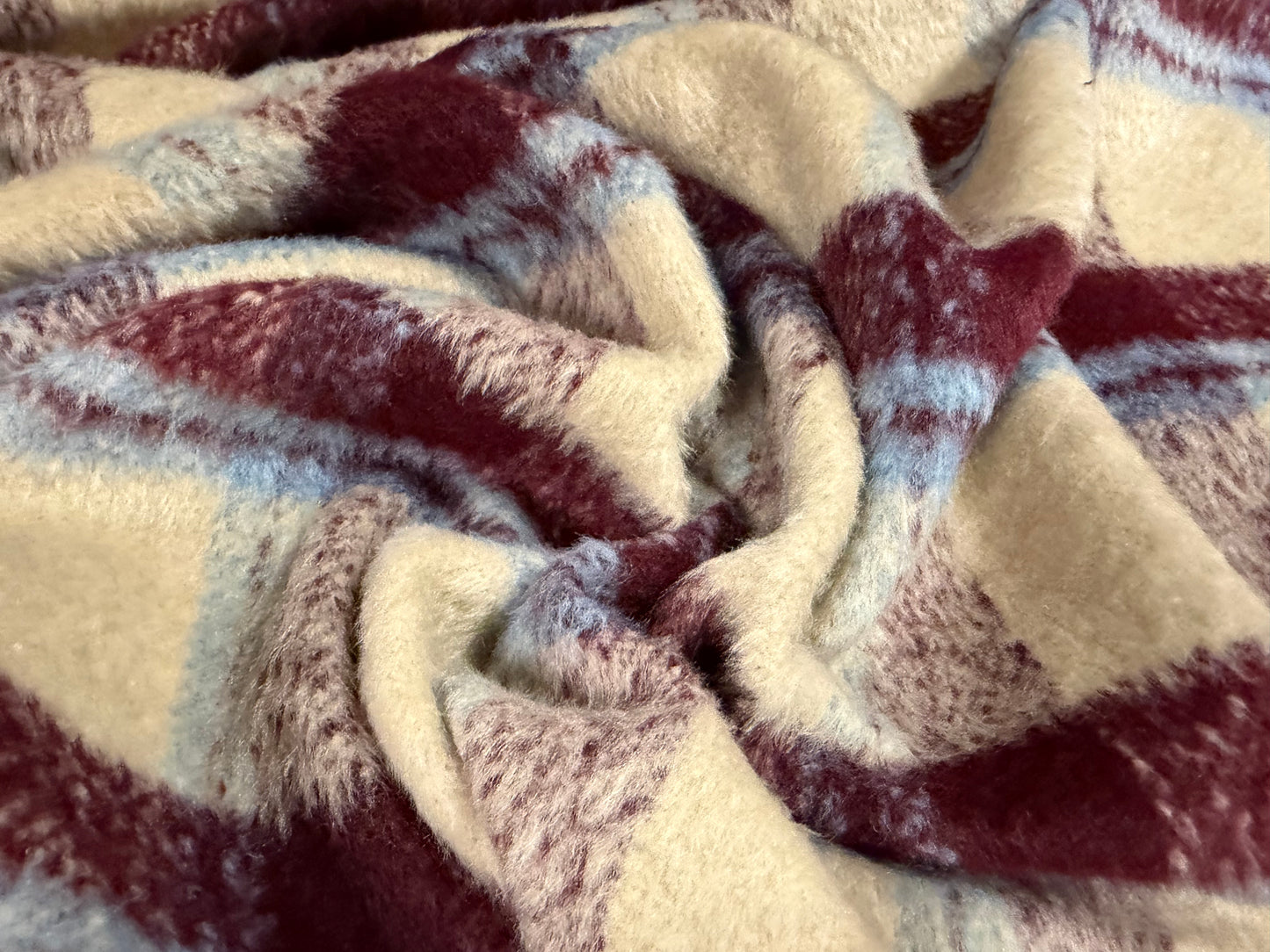 Wool faux fur fabric, per metre - check - burgundy stone & sky blue
