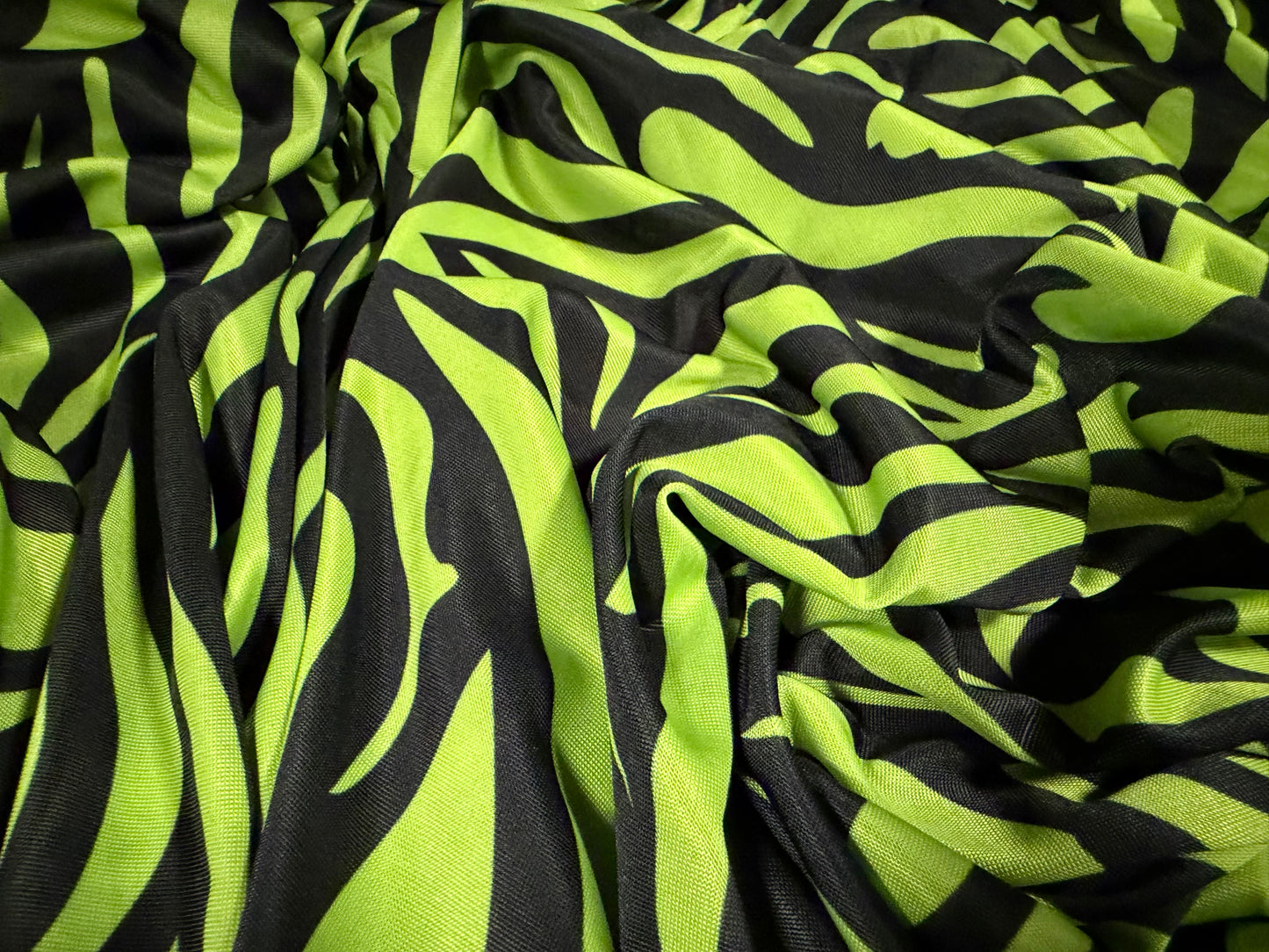 Soft touch spandex jersey fabric, per metre - zebra print - acid lime & black
