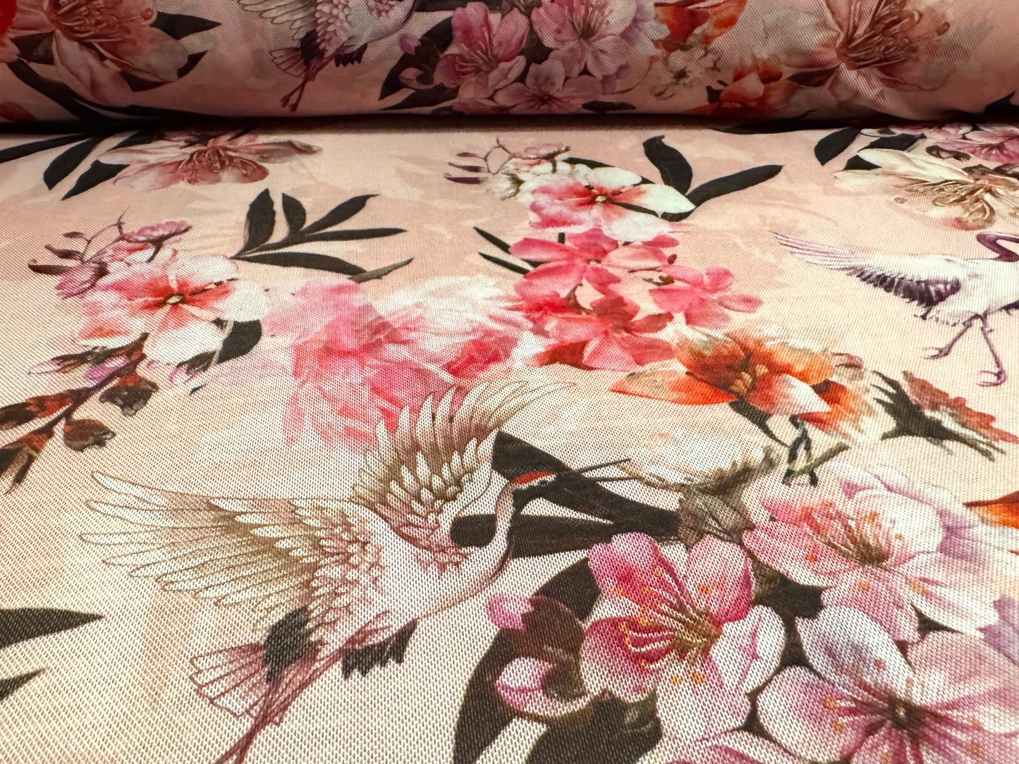 Power mesh net stretch spandex fabric, per metre - birds & blossom print - pink